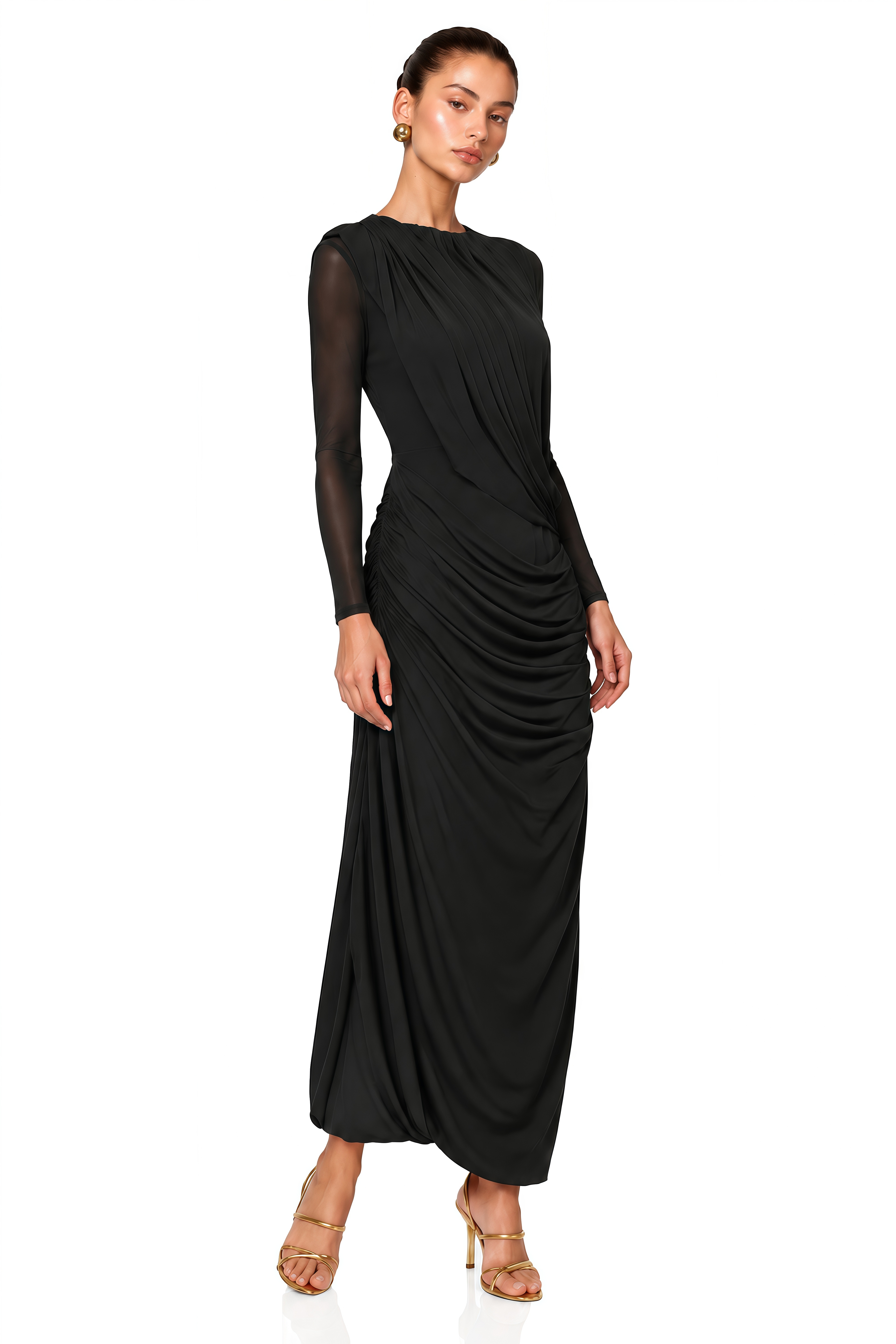 Milania Black Ruched Draped Long Sleeve Maxi Dress