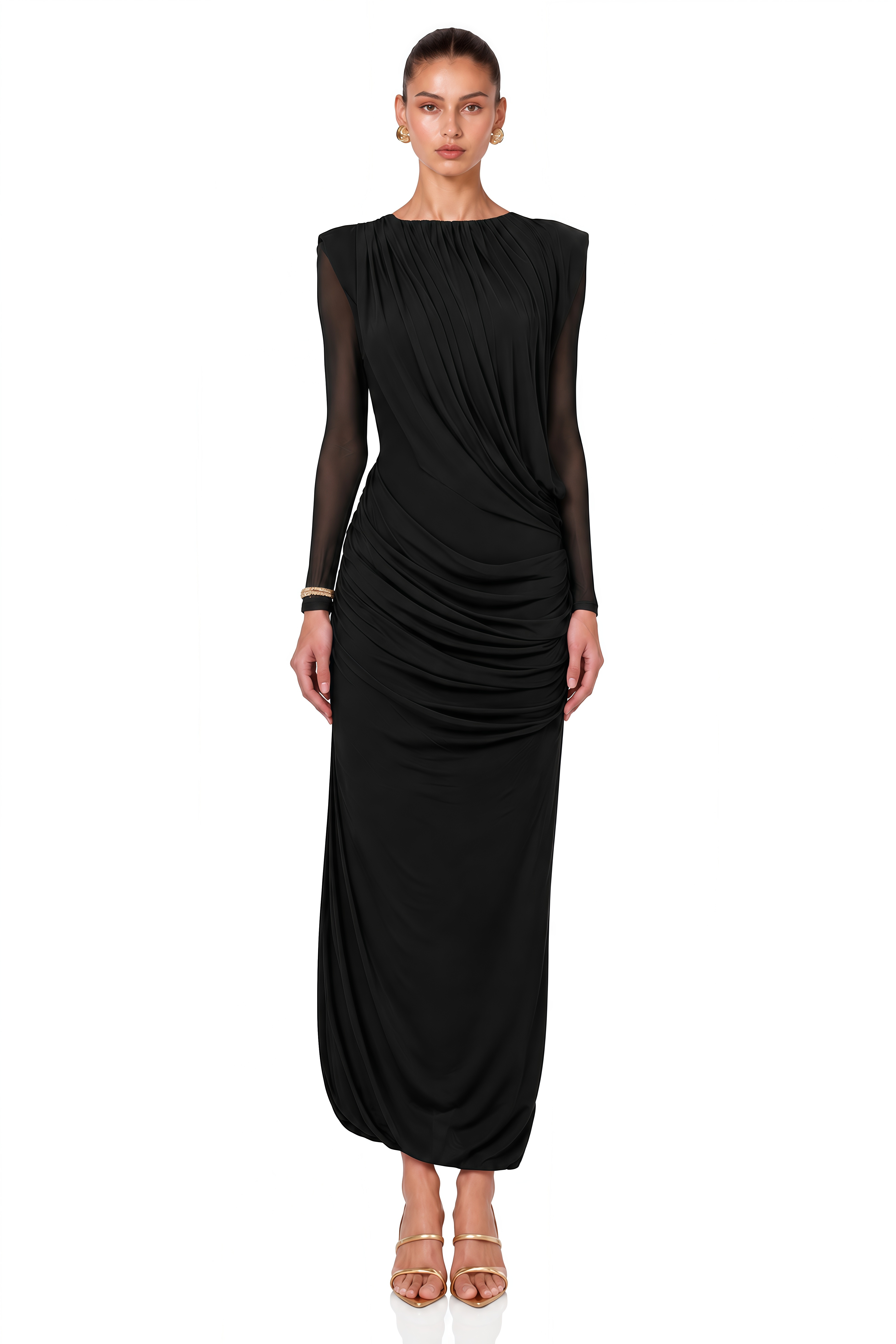 Milania Black Ruched Draped Long Sleeve Maxi Dress