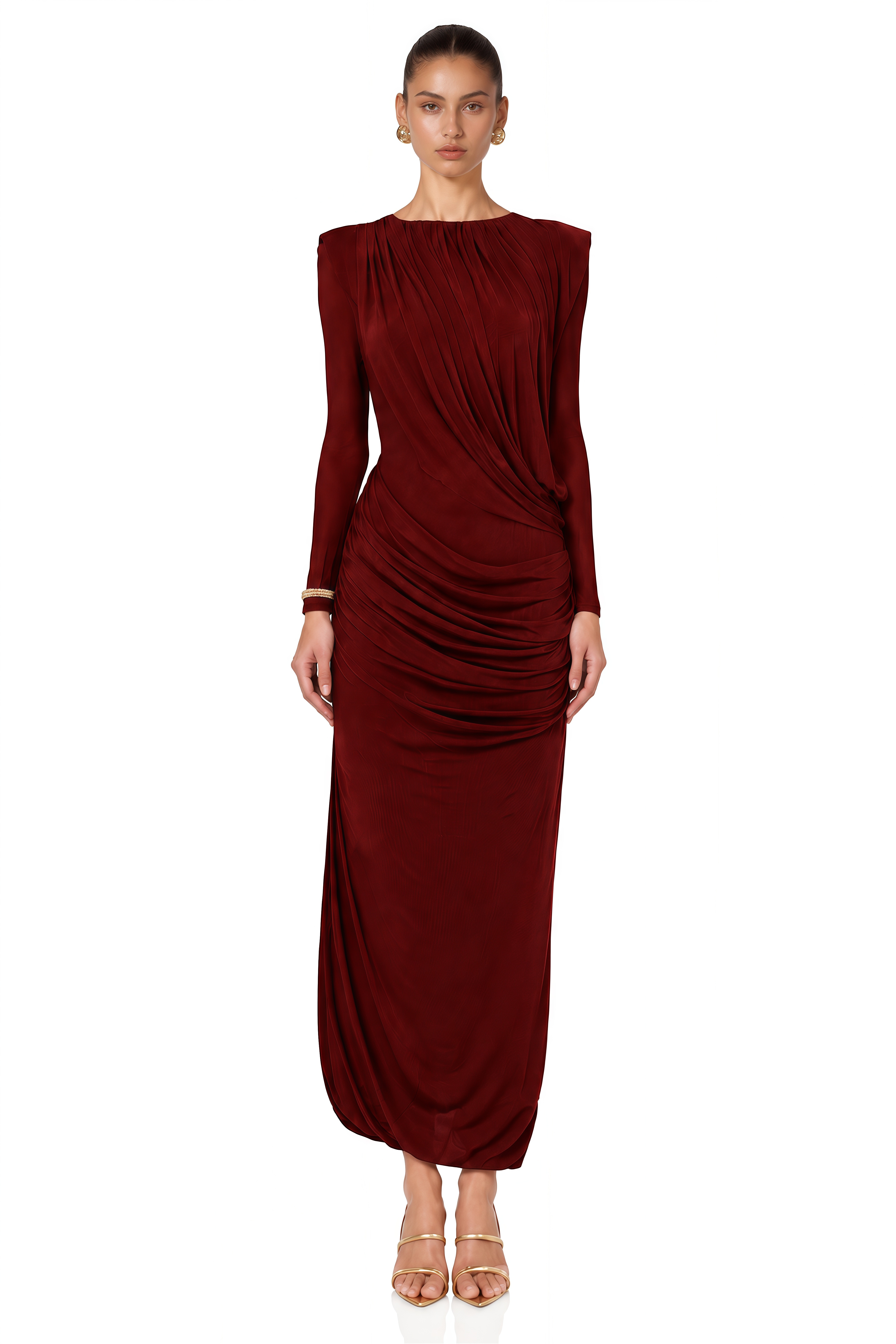 Milania Burgundy Ruched Draped Long Sleeve Maxi Dress