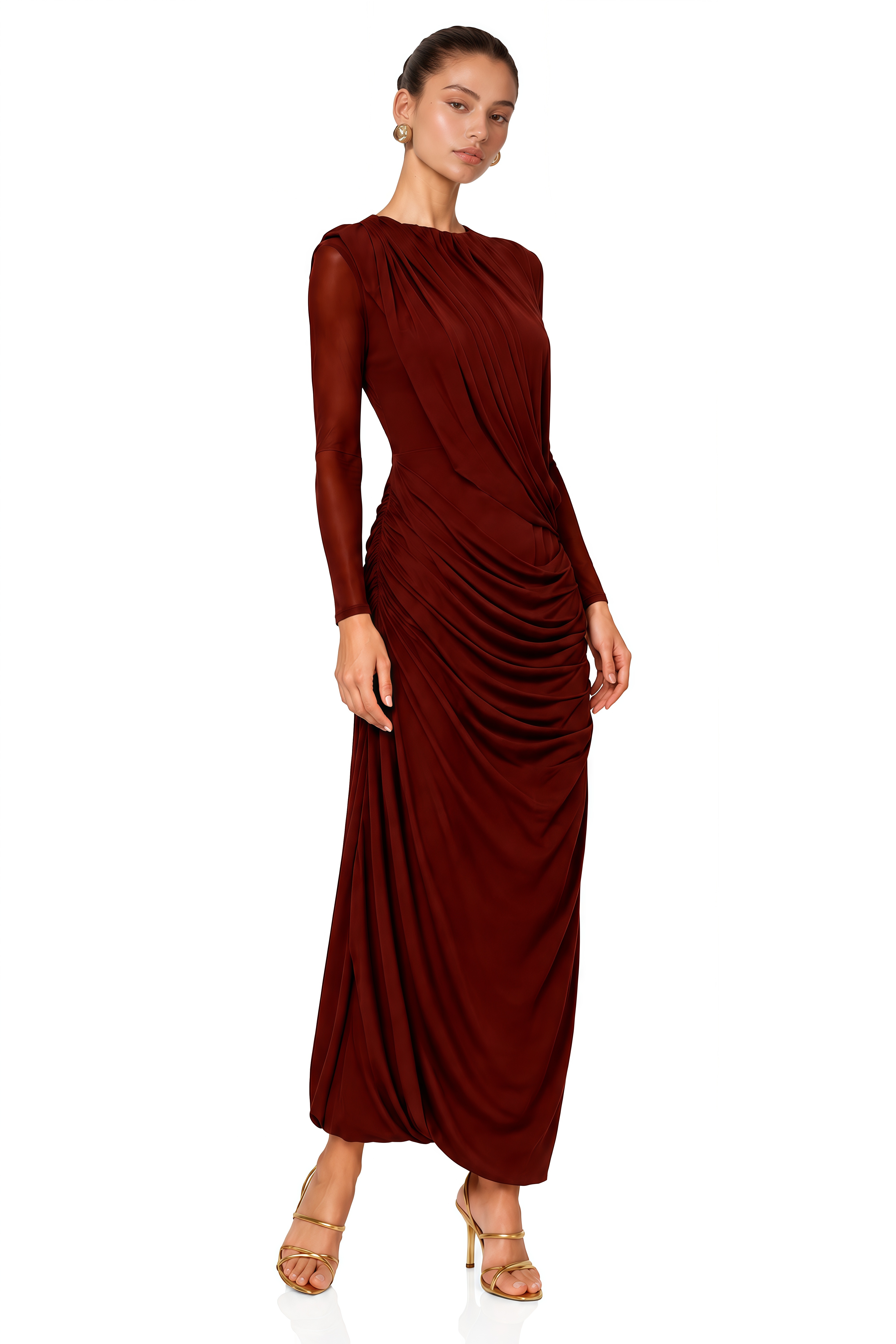 Milania Burgundy Ruched Draped Long Sleeve Maxi Dress