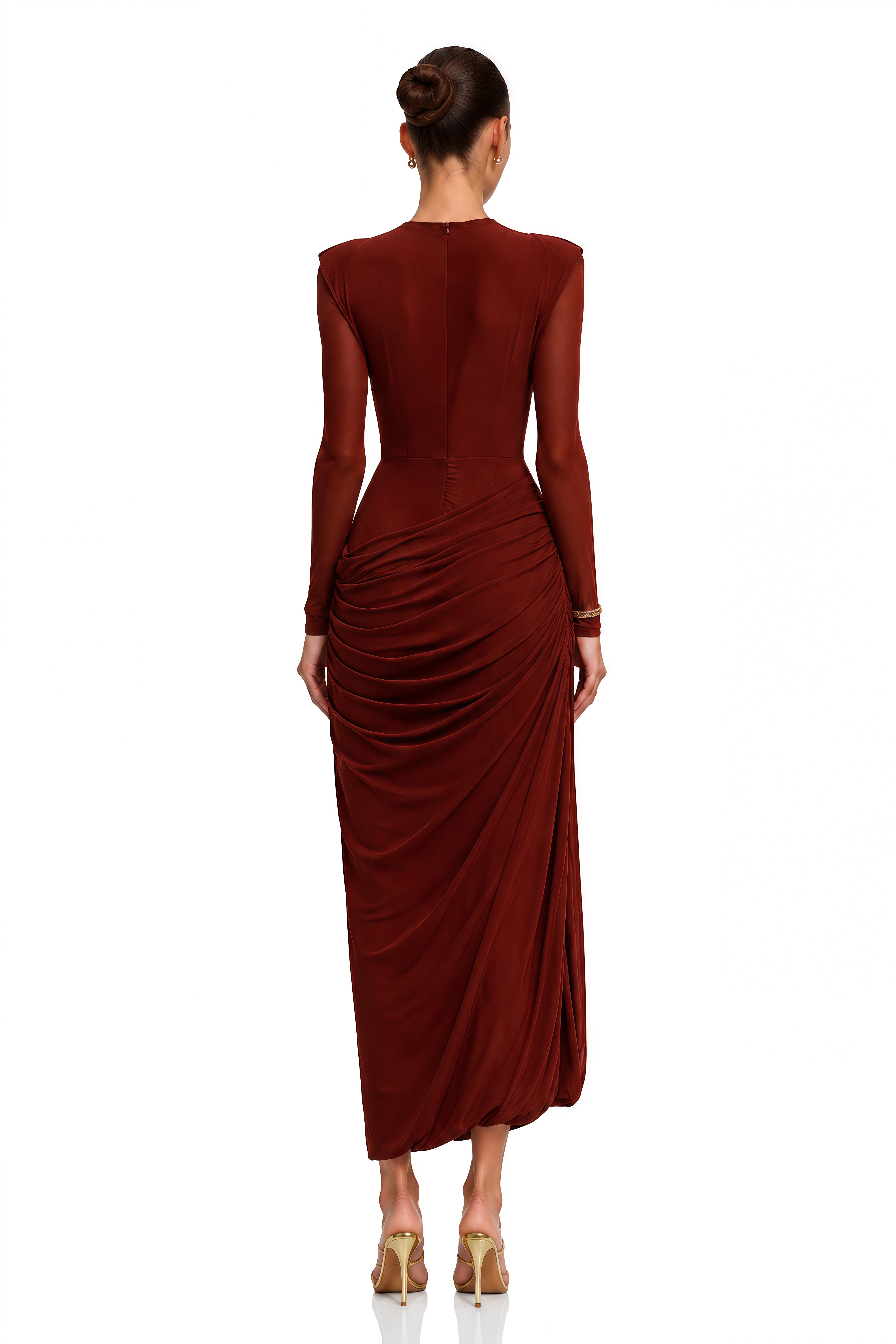 Milania Burgundy Ruched Draped Long Sleeve Maxi Dress