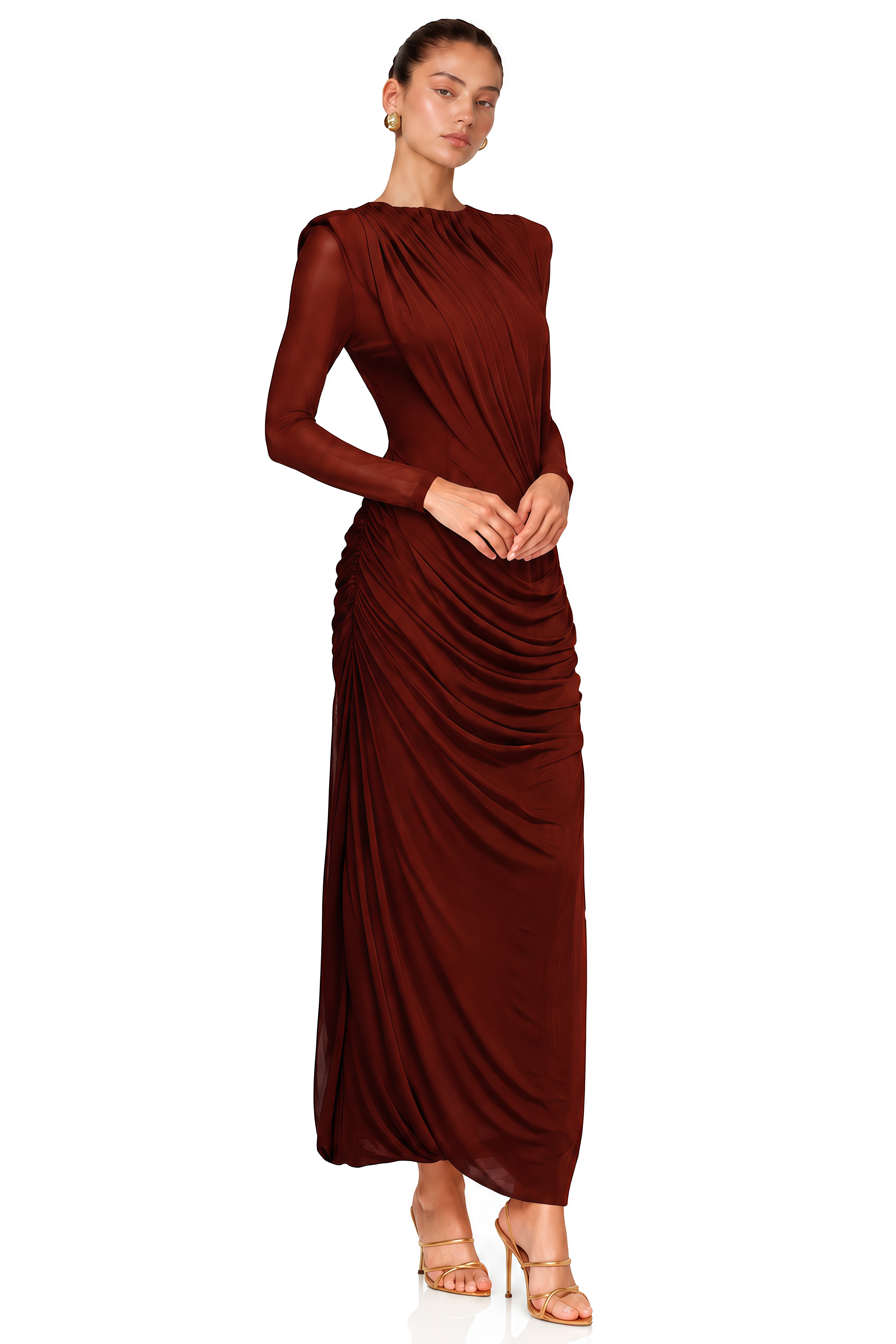 Milania Burgundy Ruched Draped Long Sleeve Maxi Dress