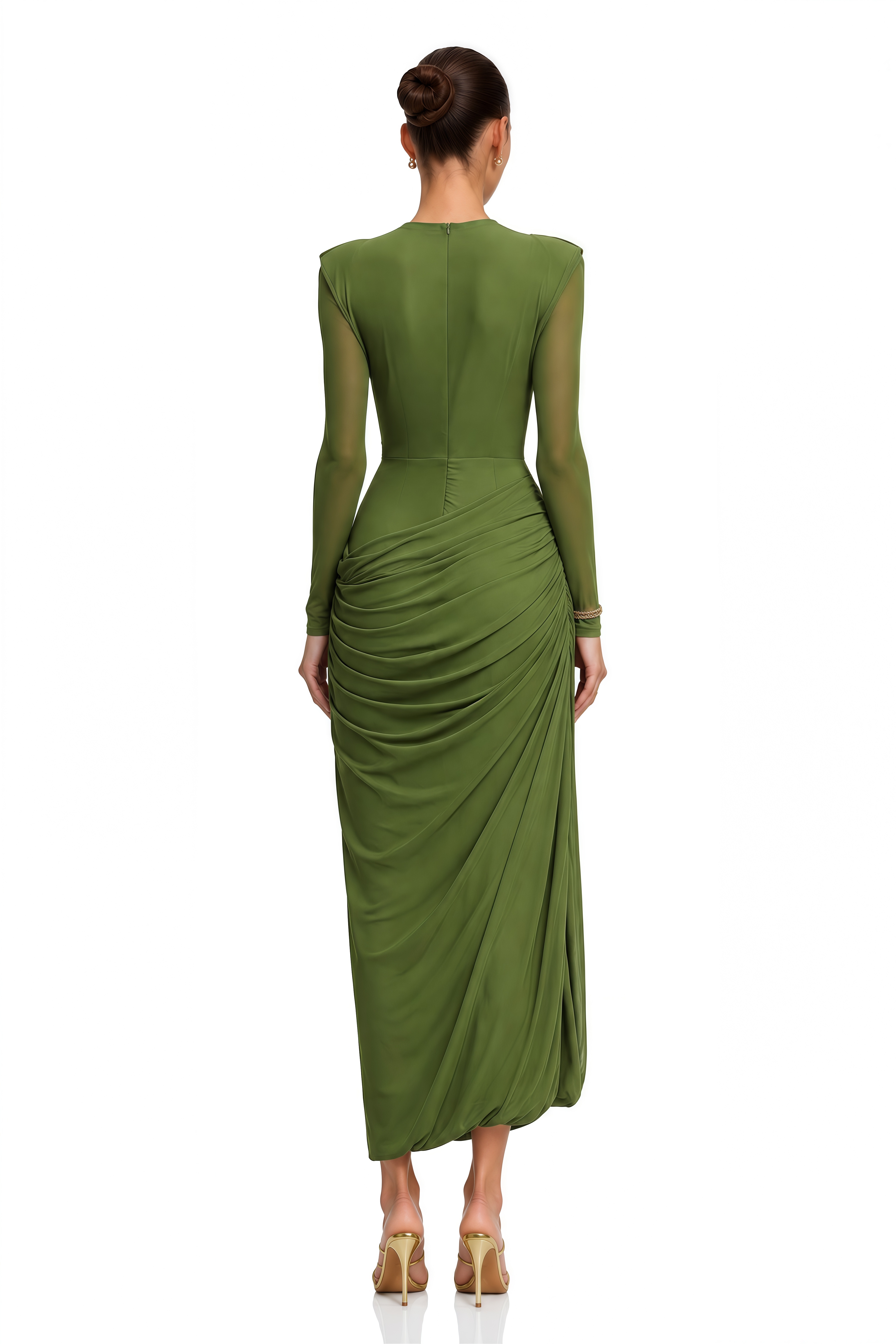 Milania Olive Green Ruched Draped Long Sleeve Maxi Dress