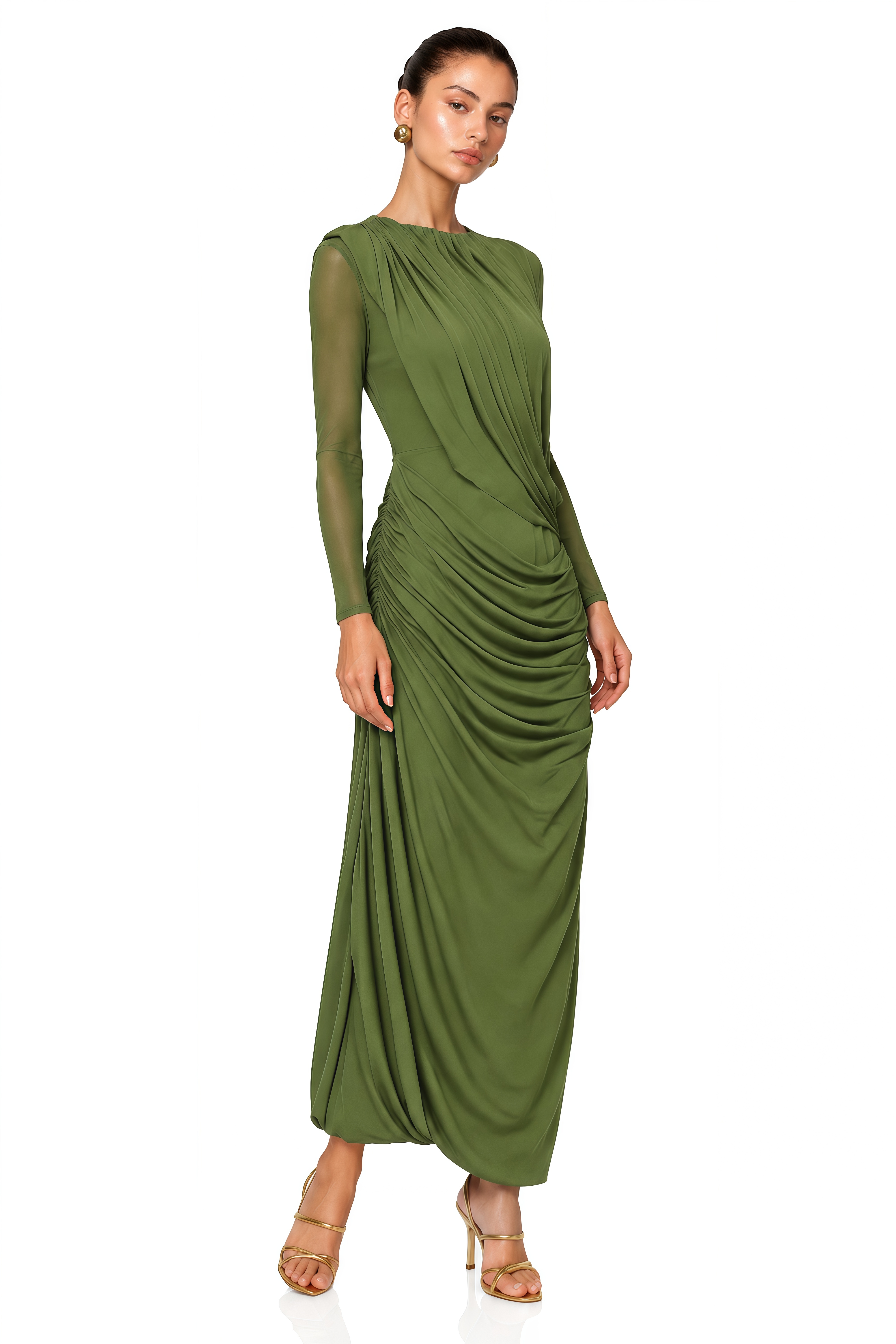 Milania Olive Green Ruched Draped Long Sleeve Maxi Dress