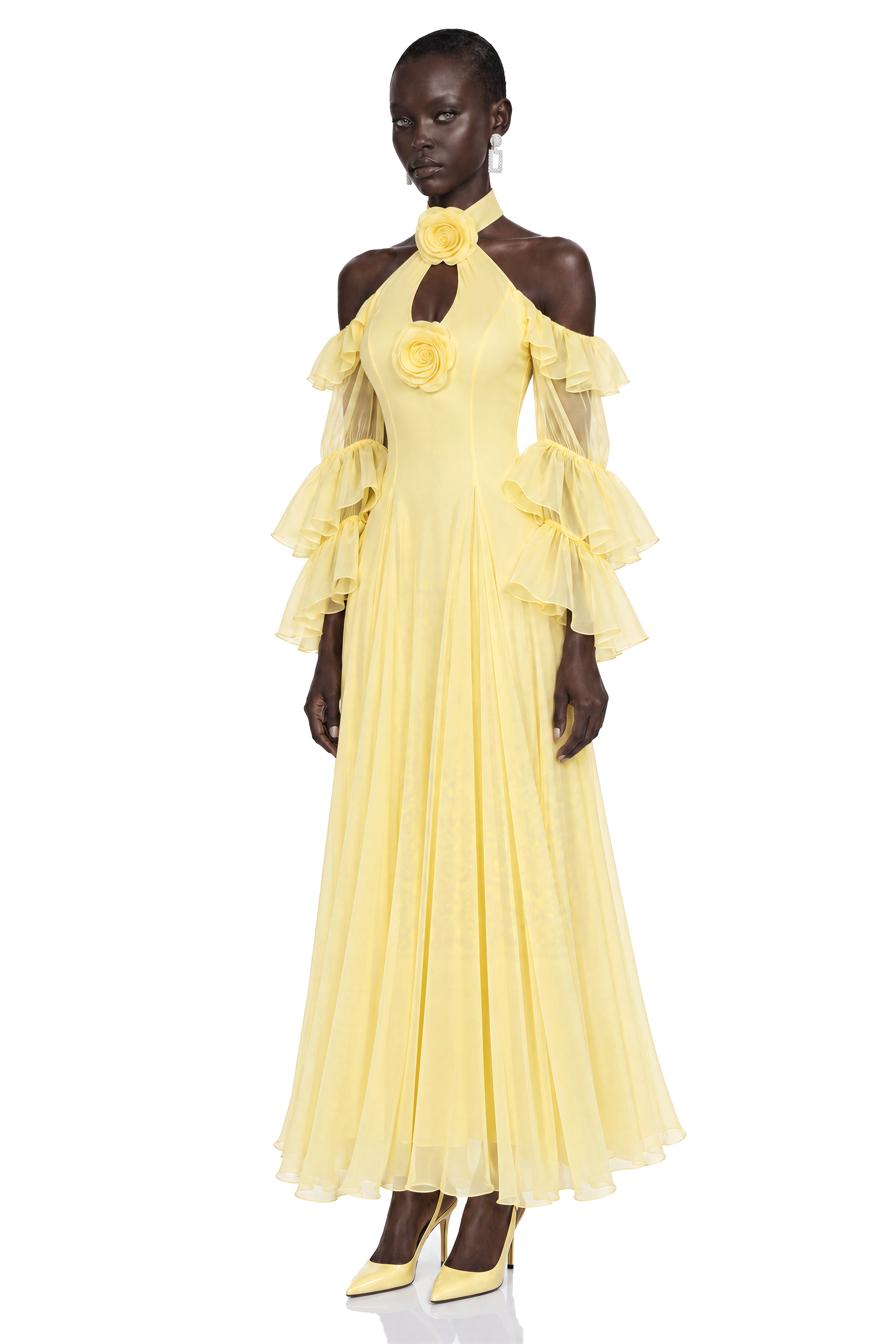 Mina Yellow Off Shoulder Floral Ruffle Maxi Dress
