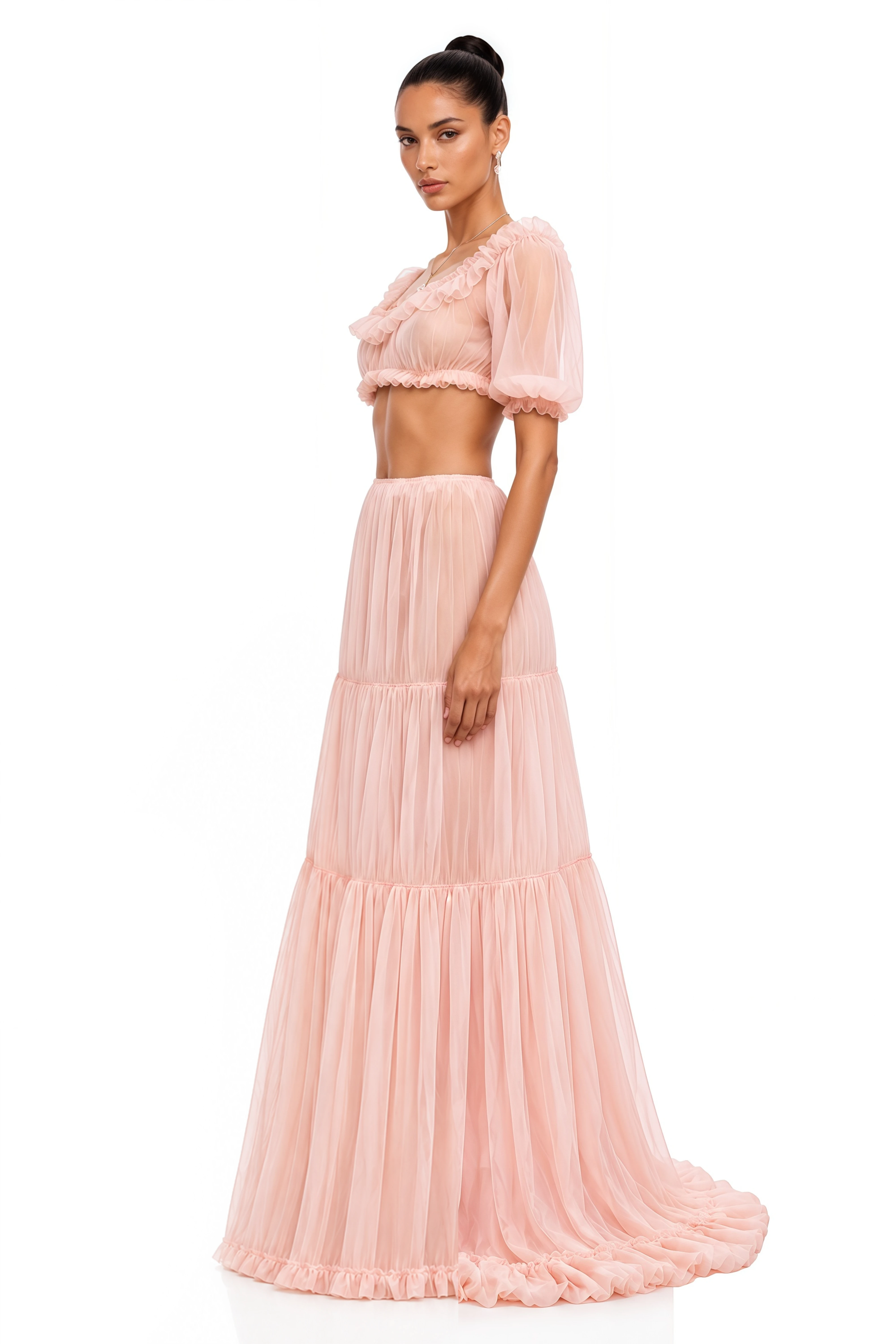 Miranda Pink Puff Sleeves Crop Top & Ruffled Skirt Set
