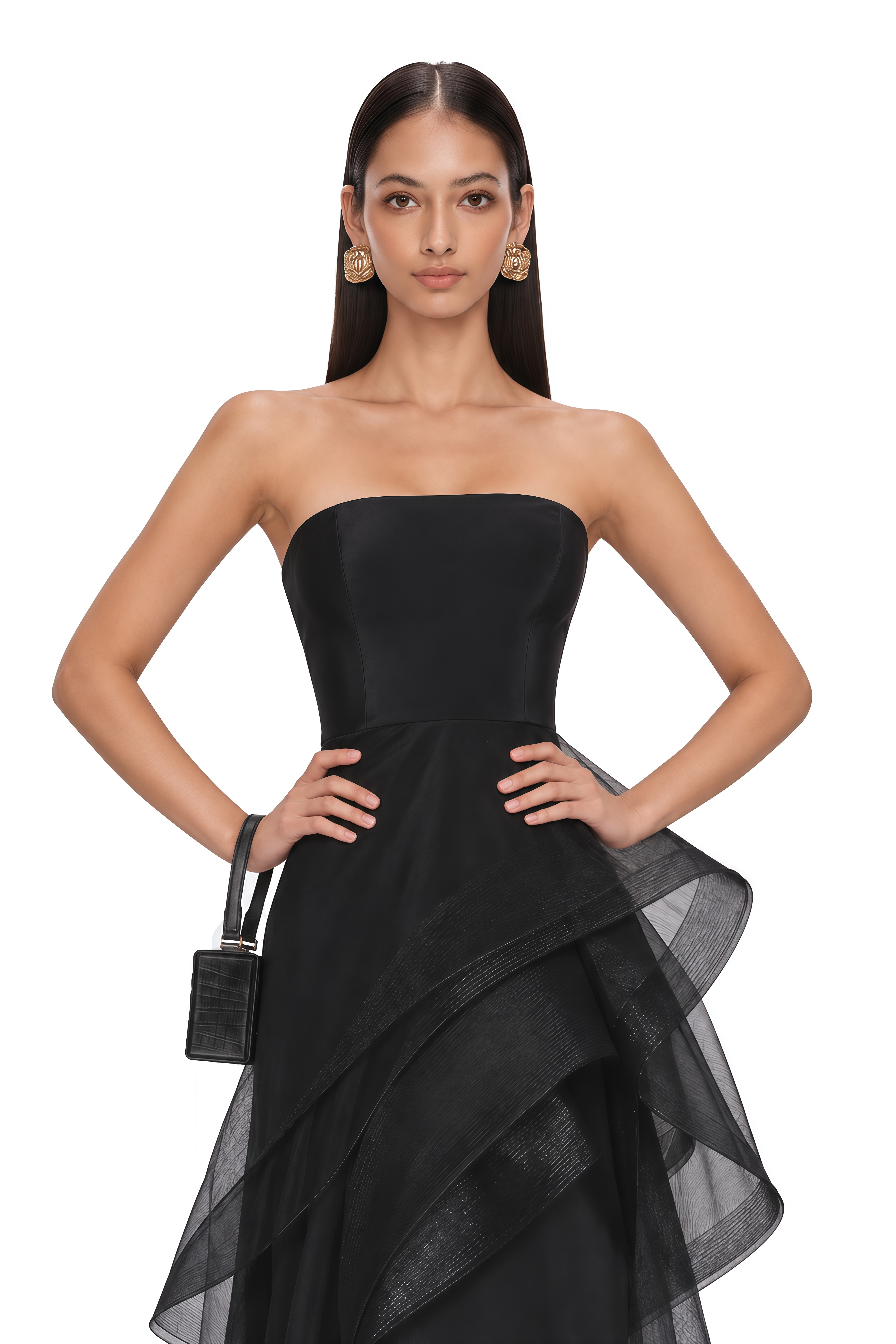 Mirena Black Strapless Organza Ruffle Maxi Dress