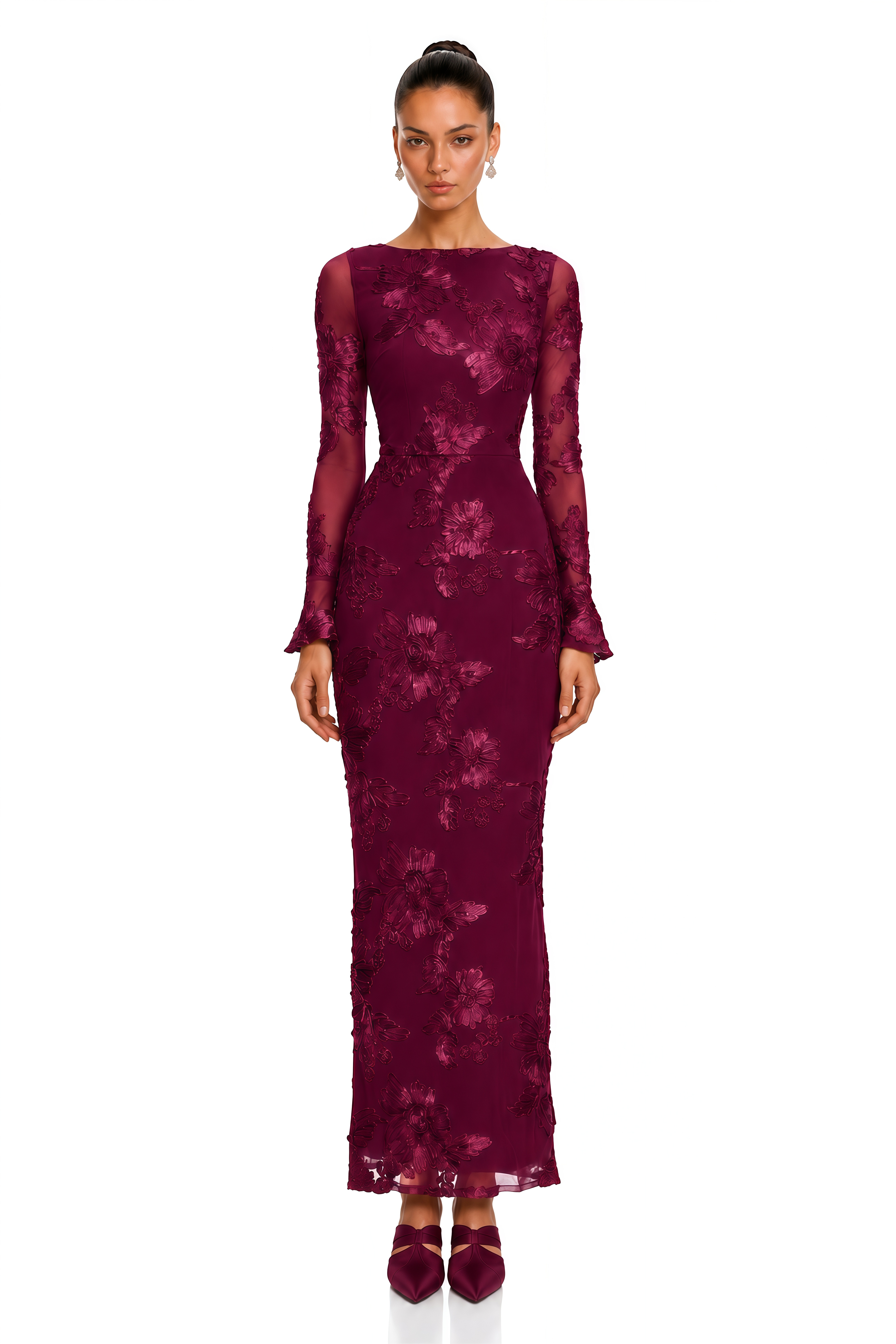 Mireya Burgundy Floral Embroidered Maxi Dress