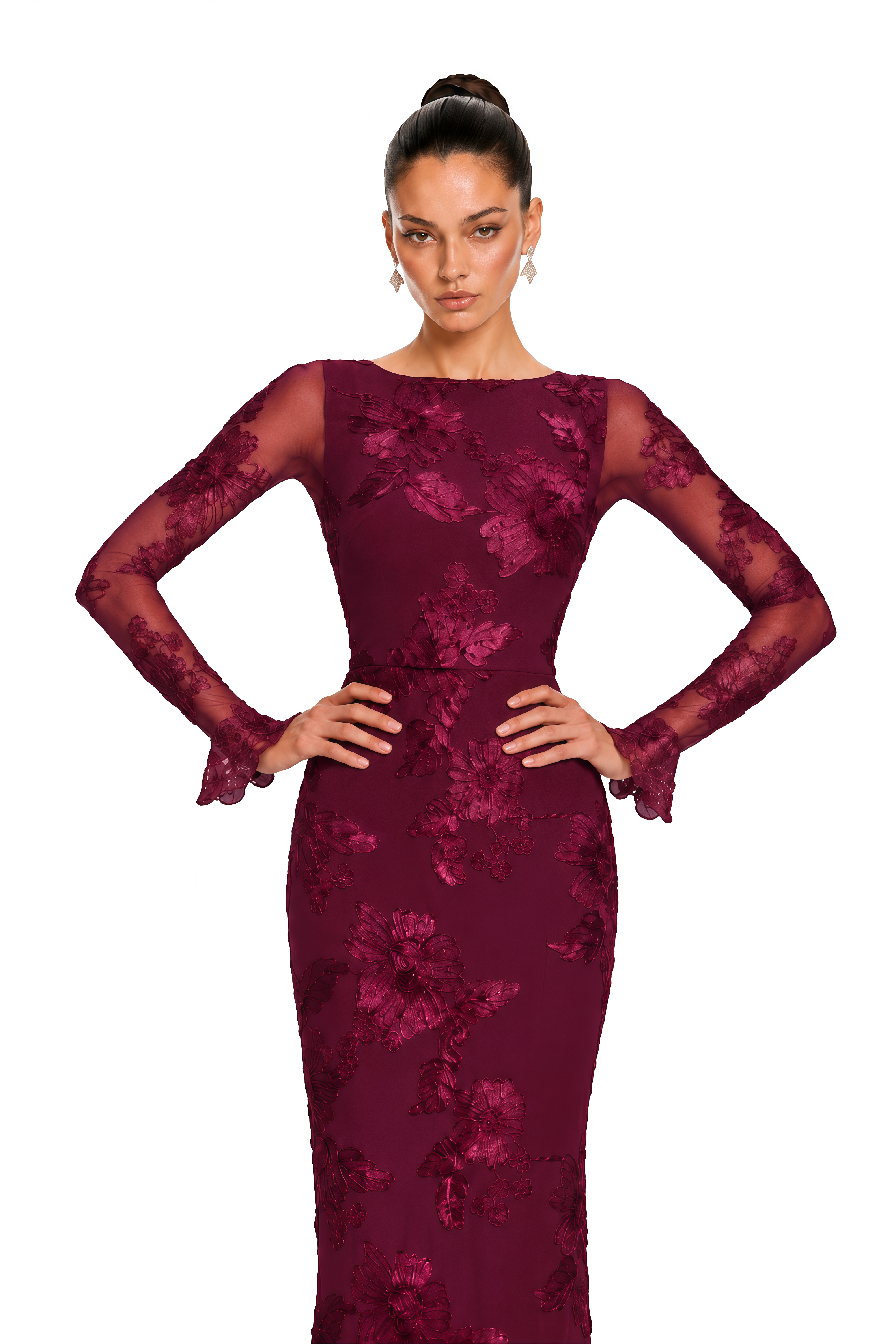 Mireya Burgundy Floral Embroidered Maxi Dress