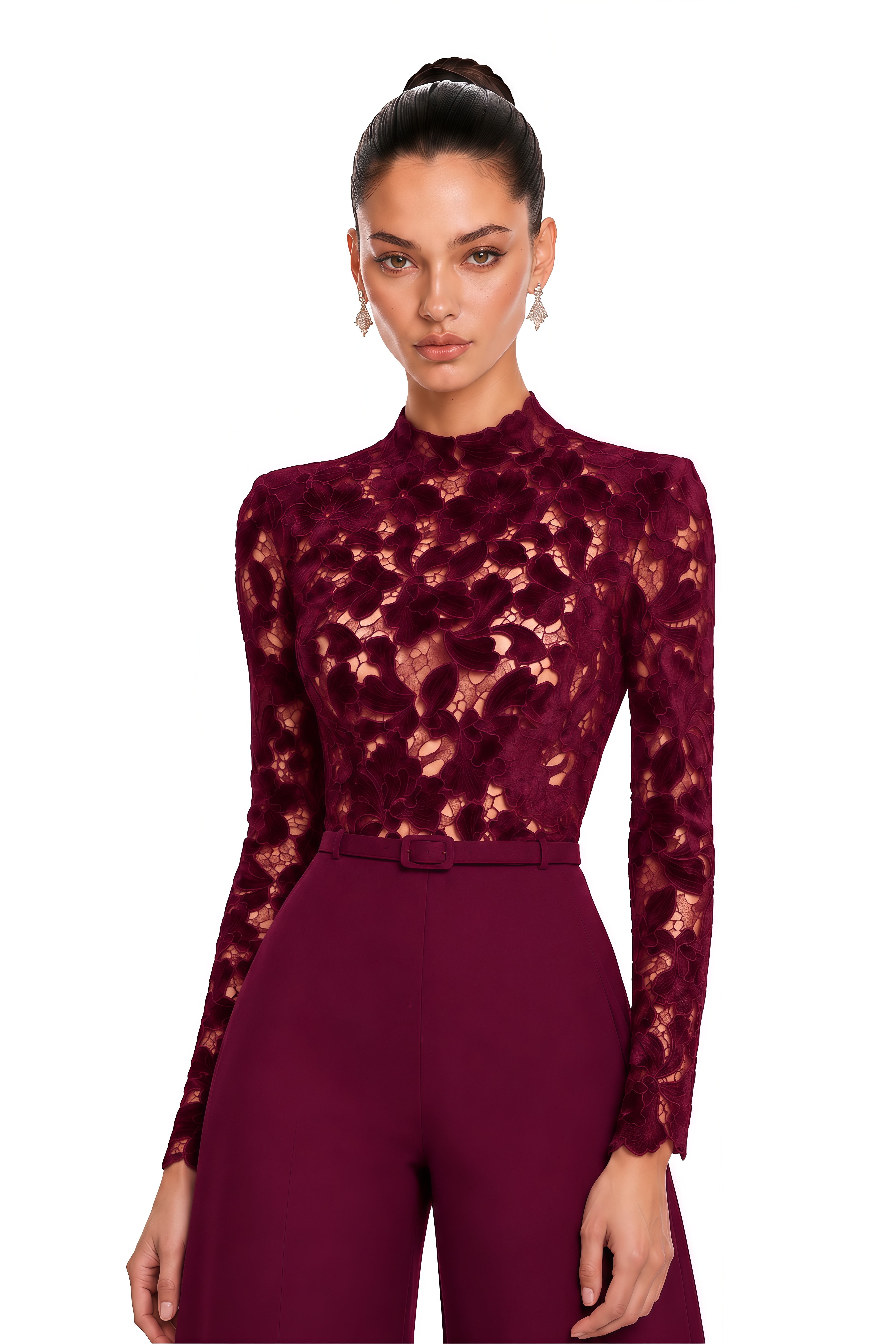 Mireya Burgundy Lace Bodice Wide Leg Jumpsuit