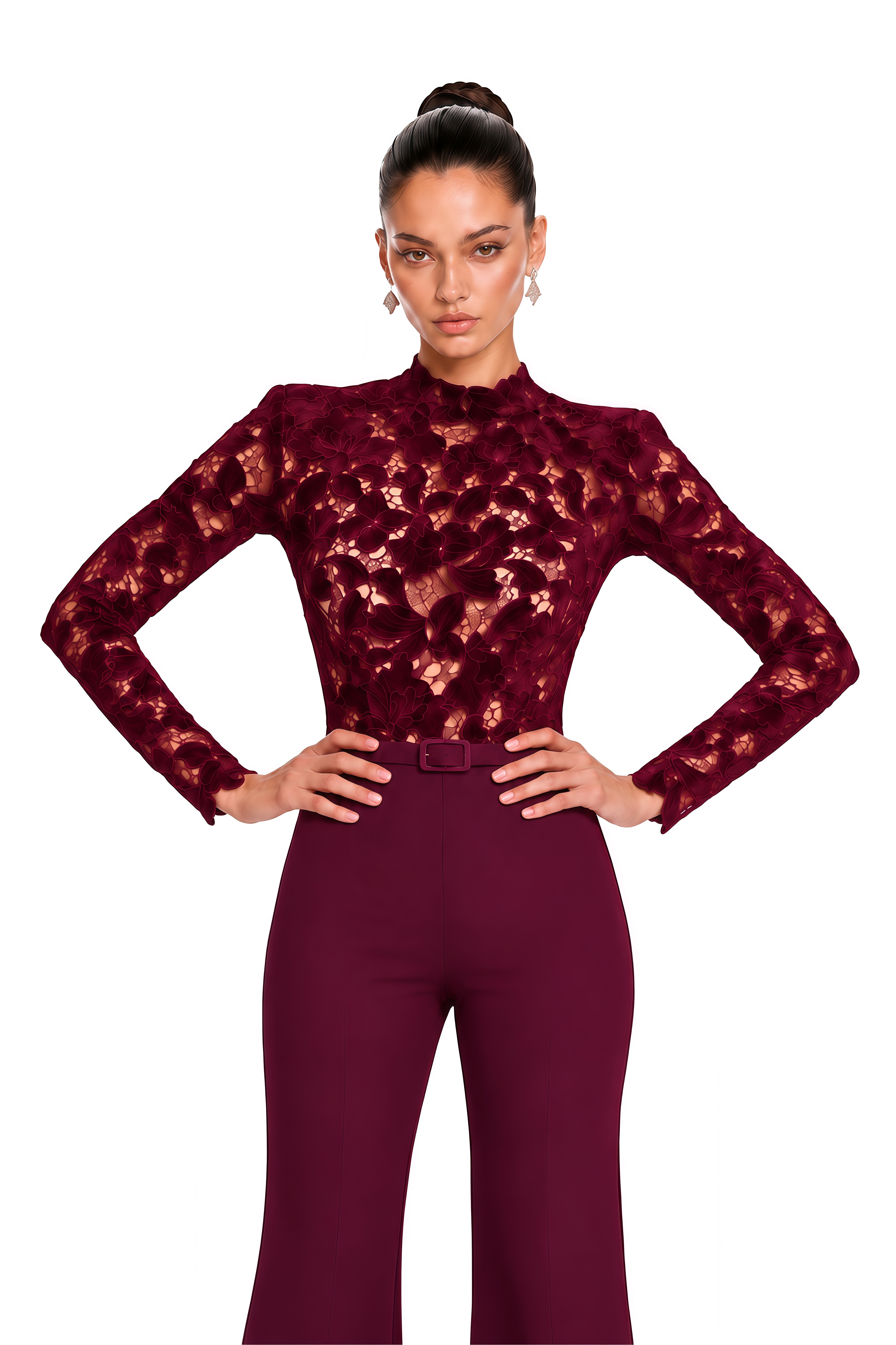 Mireya Burgundy Lace Bodice Wide Leg Jumpsuit
