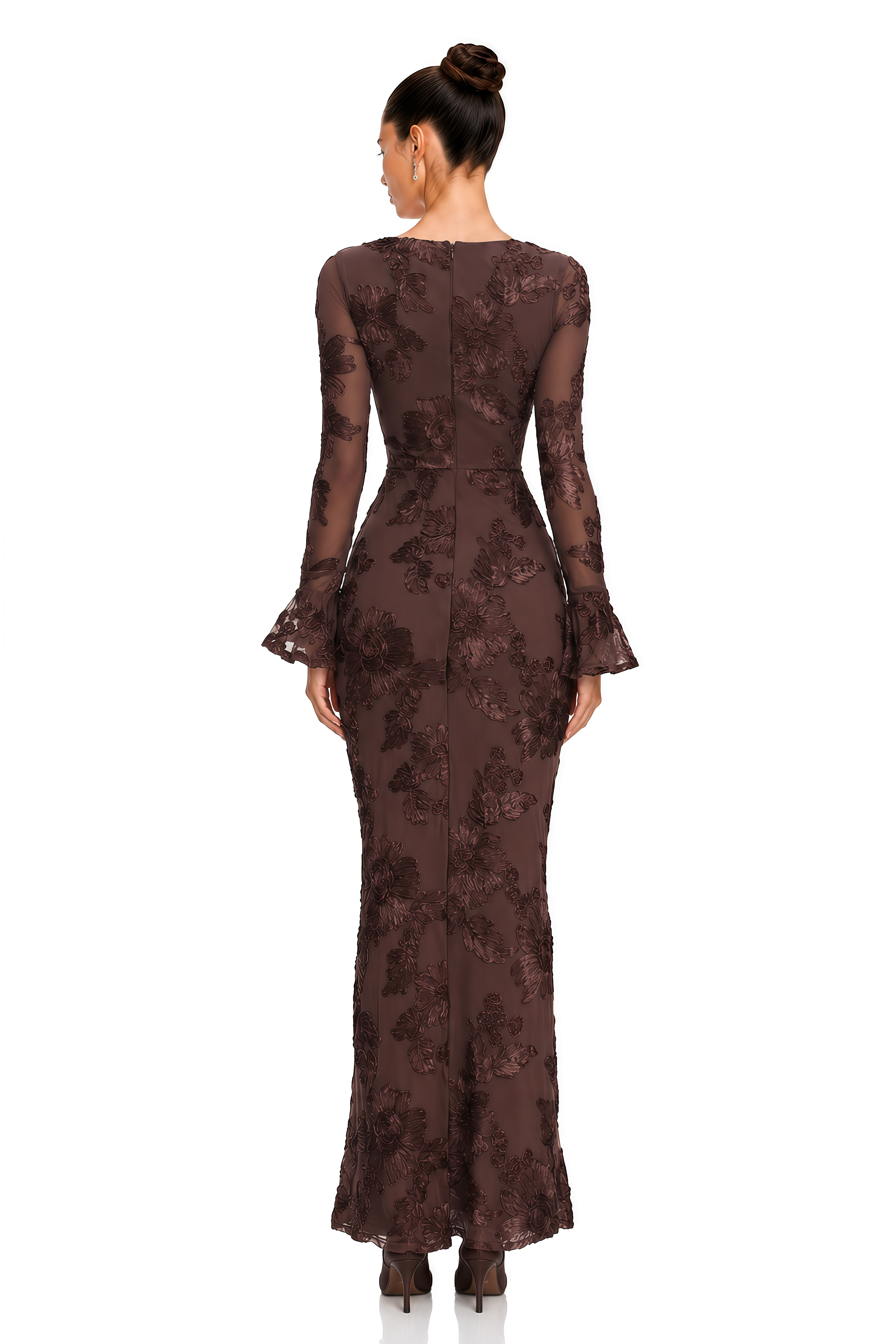 Mireya Brown Floral Embroidered Maxi Dress