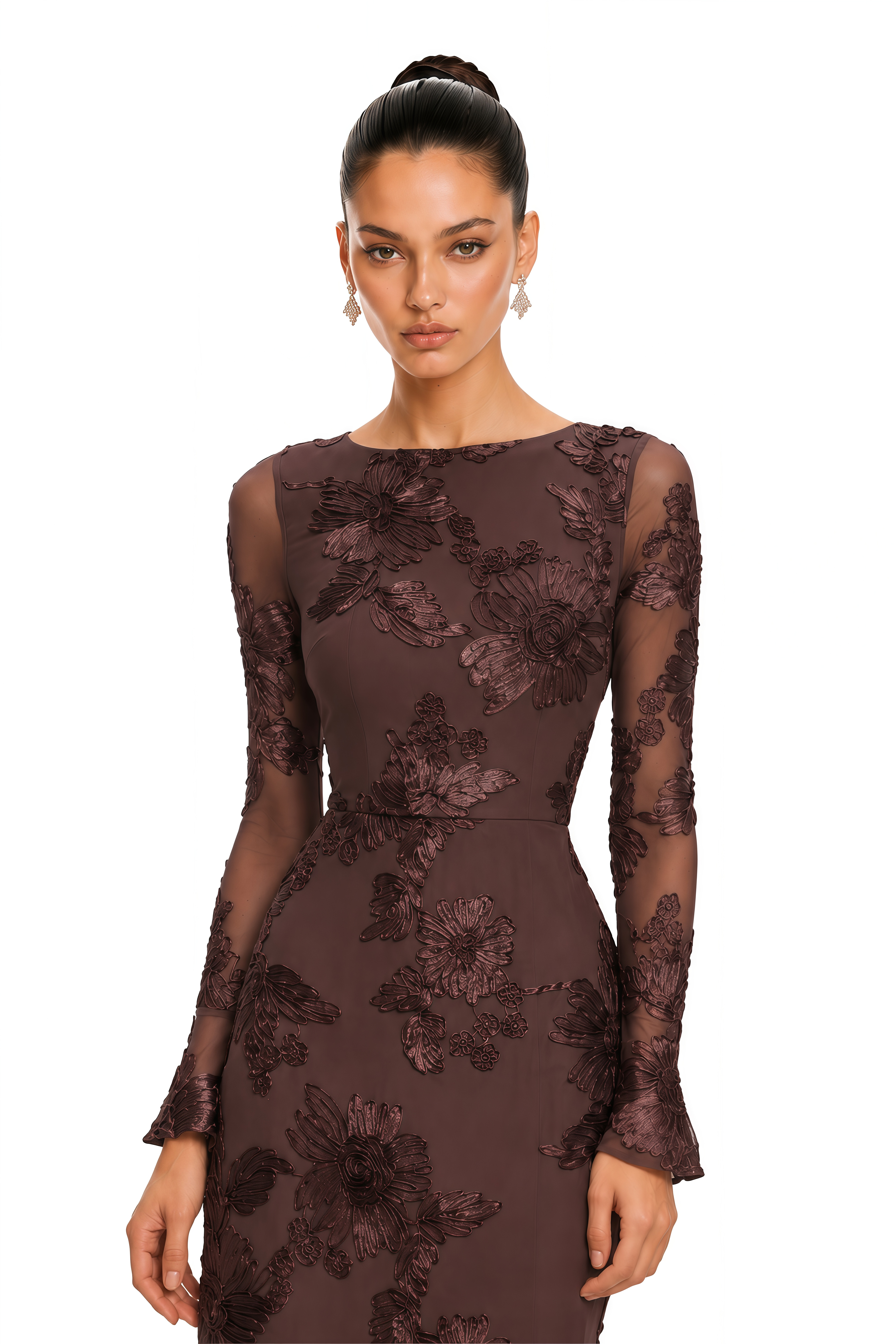 Mireya Brown Floral Embroidered Maxi Dress