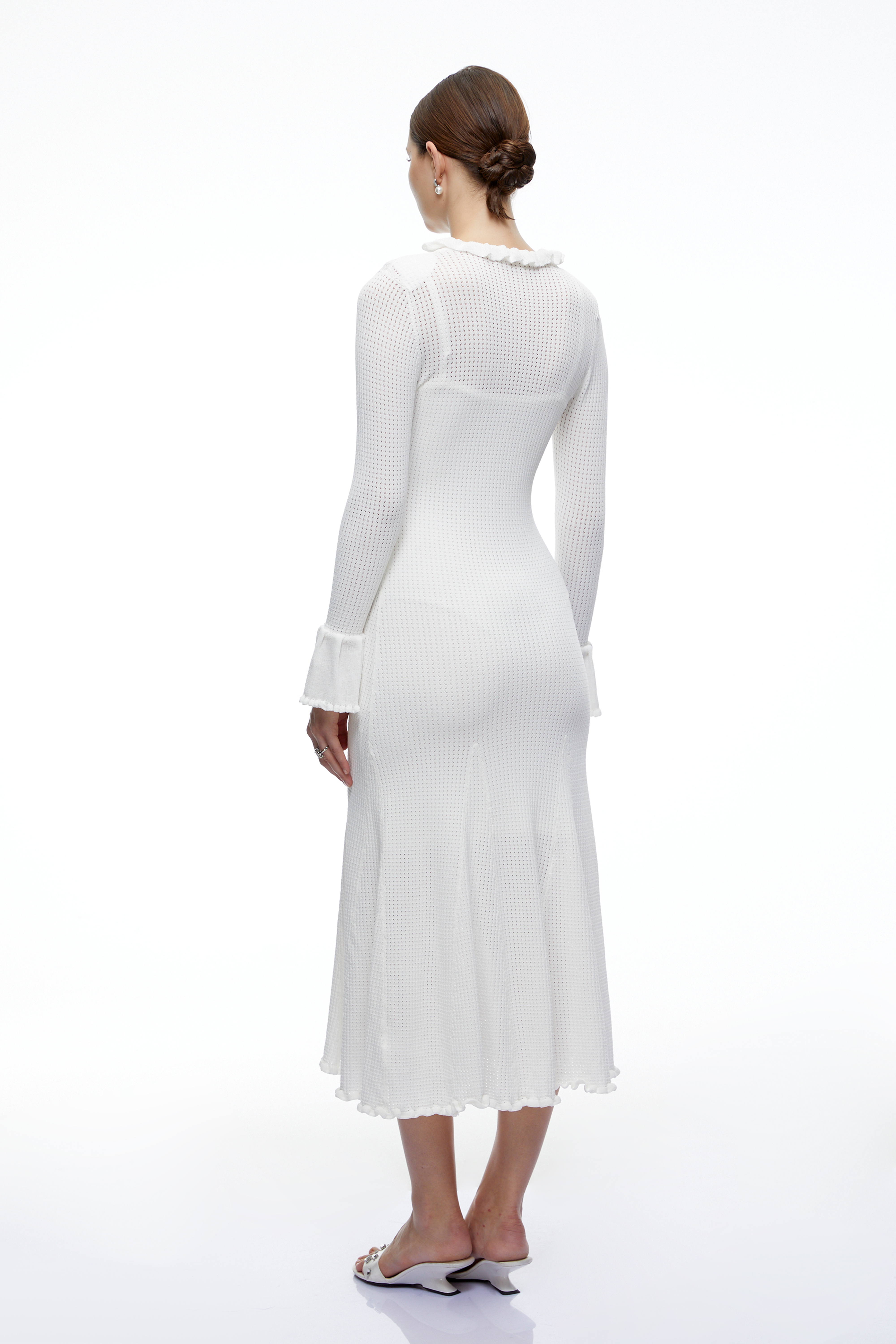 Mireya White Crystal Button Flared Cuff Knit Midi Dress