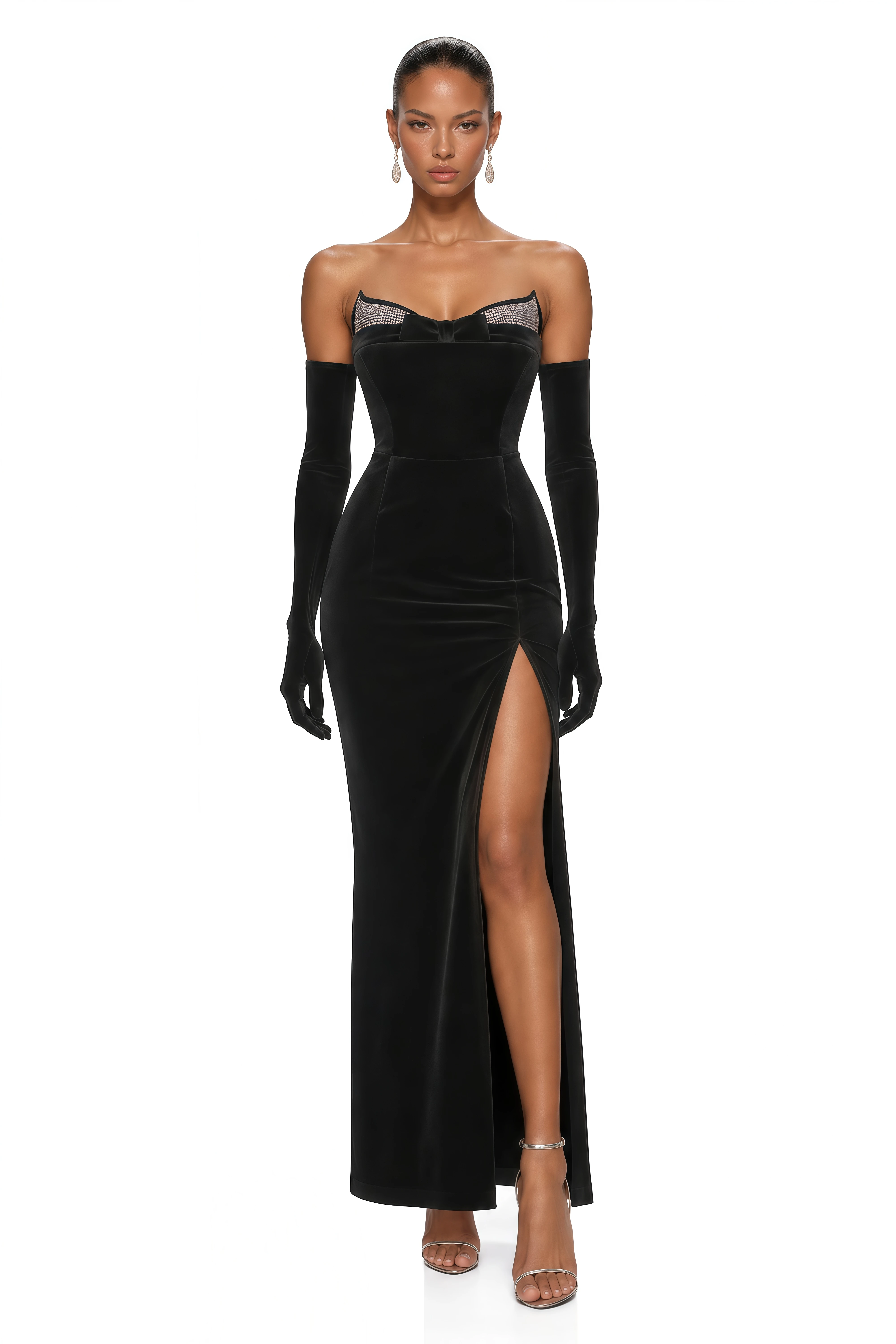 Mollie Black Strapless Sequined Velvet Maxi Dress