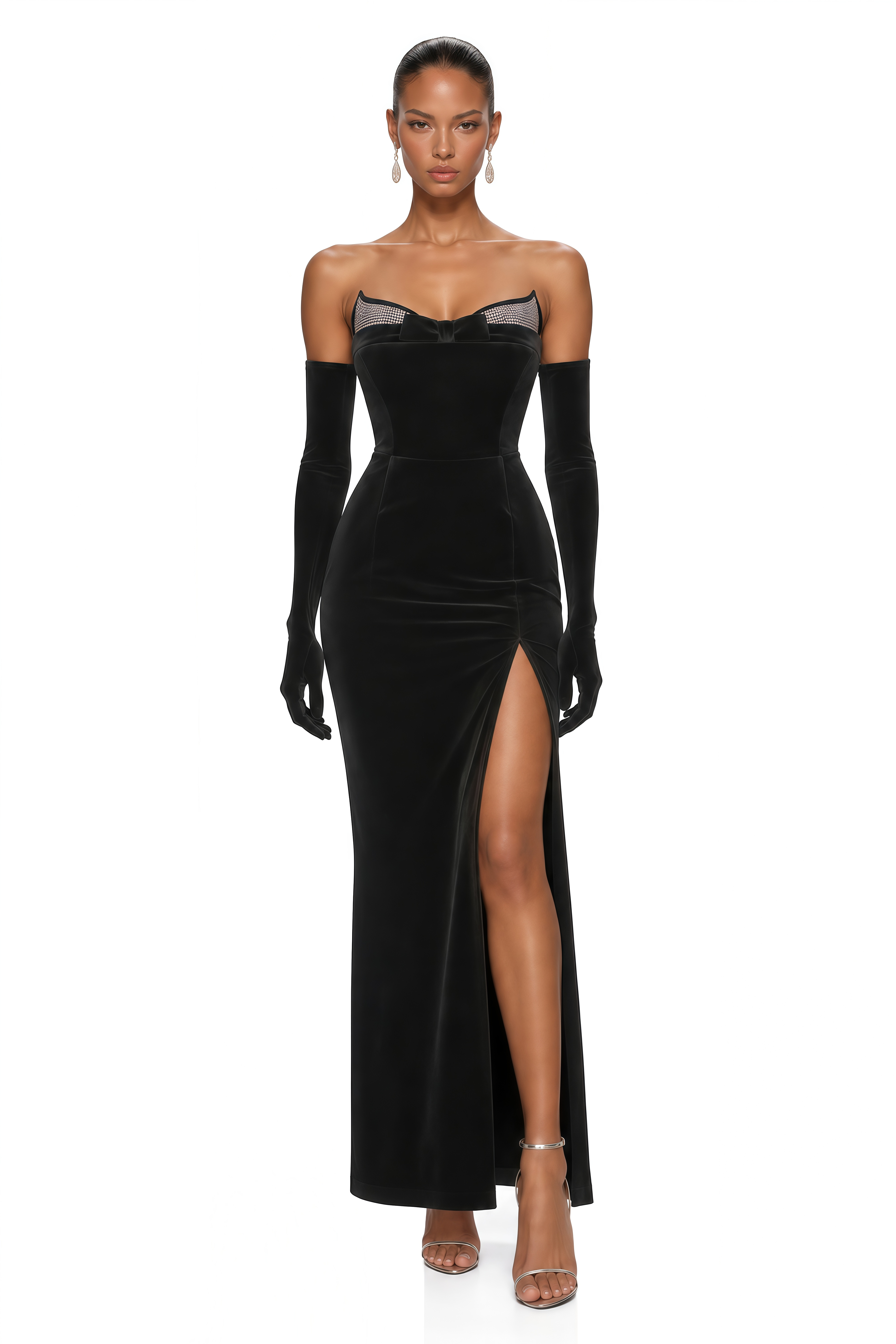 Mollie Black Strapless Sequined Velvet Maxi Dress