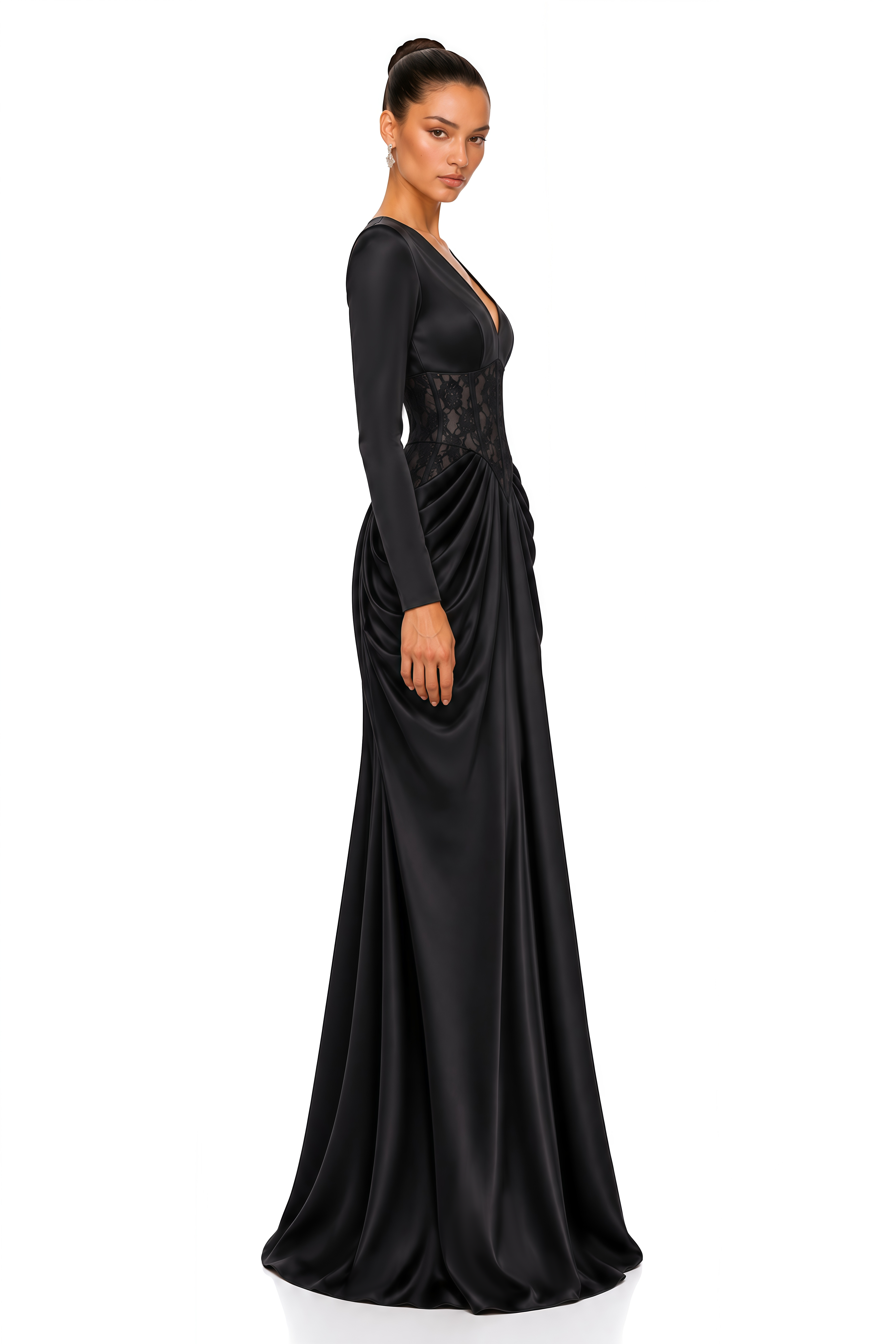 Molly Black Lace Corset Draped Satin Maxi Dress