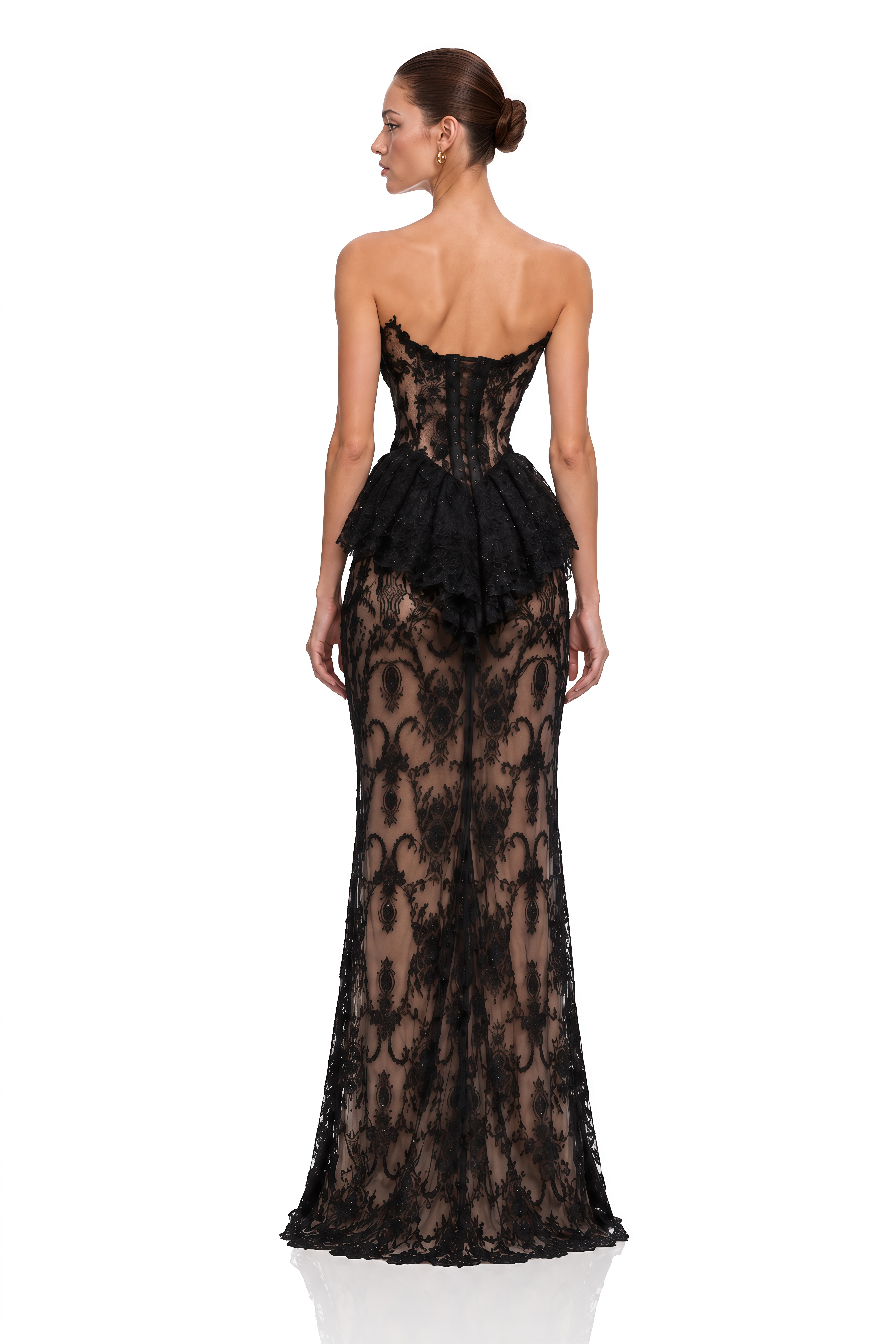 Monaco Black Lace Corset Peplum Maxi Dress with High Slit