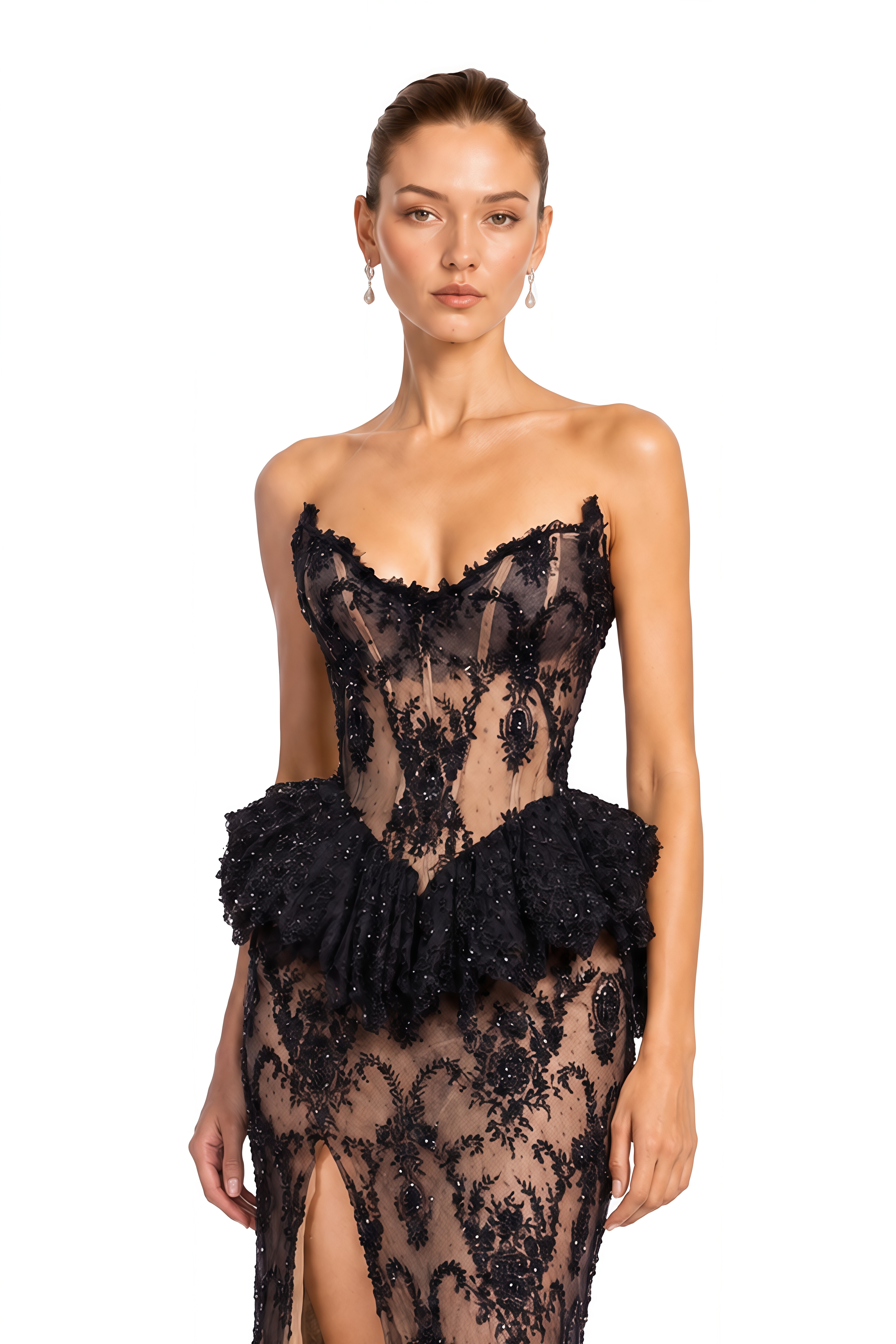 Monaco Black Lace Corset Peplum Maxi Dress with High Slit