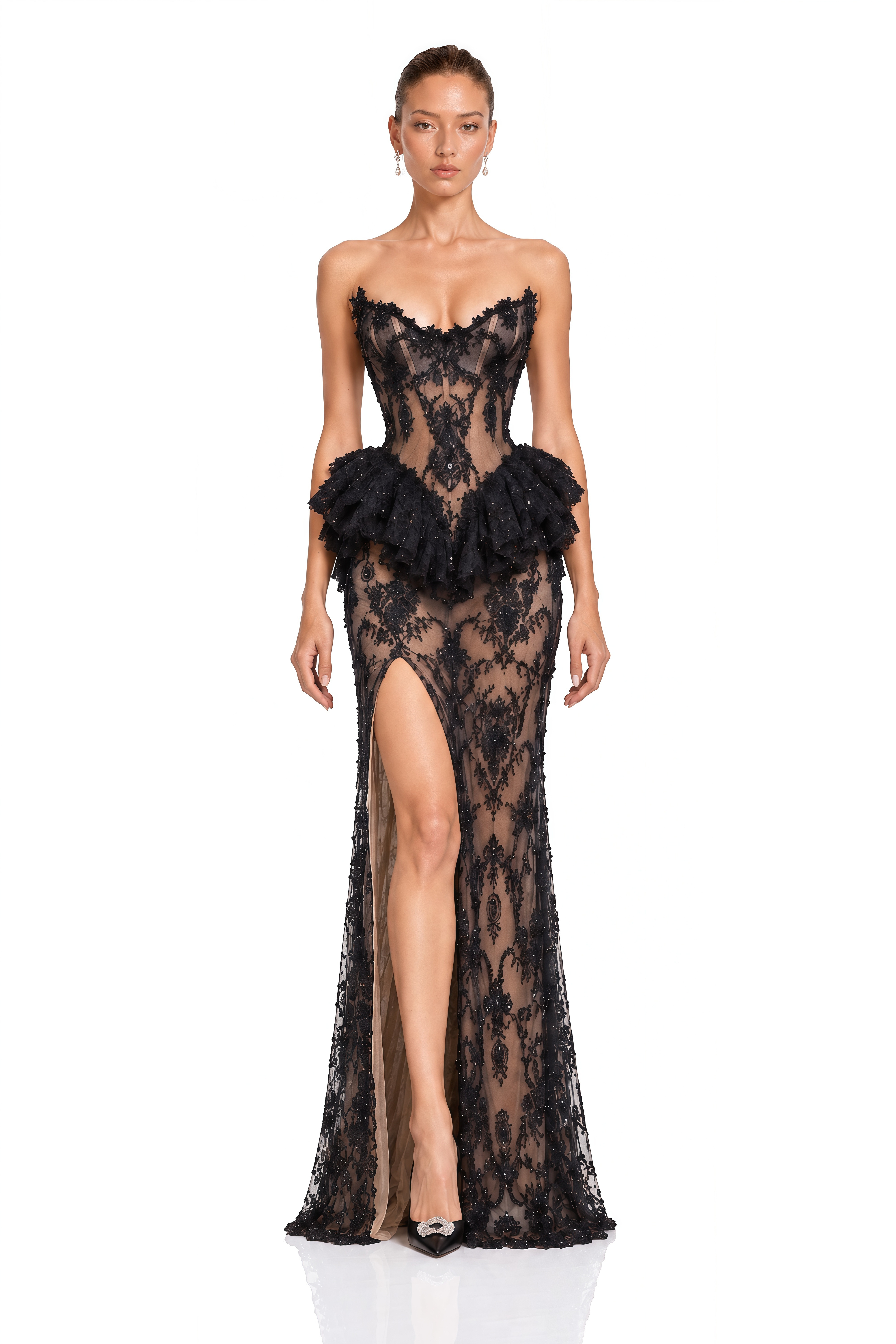 Monaco Black Lace Corset Peplum Maxi Dress with High Slit