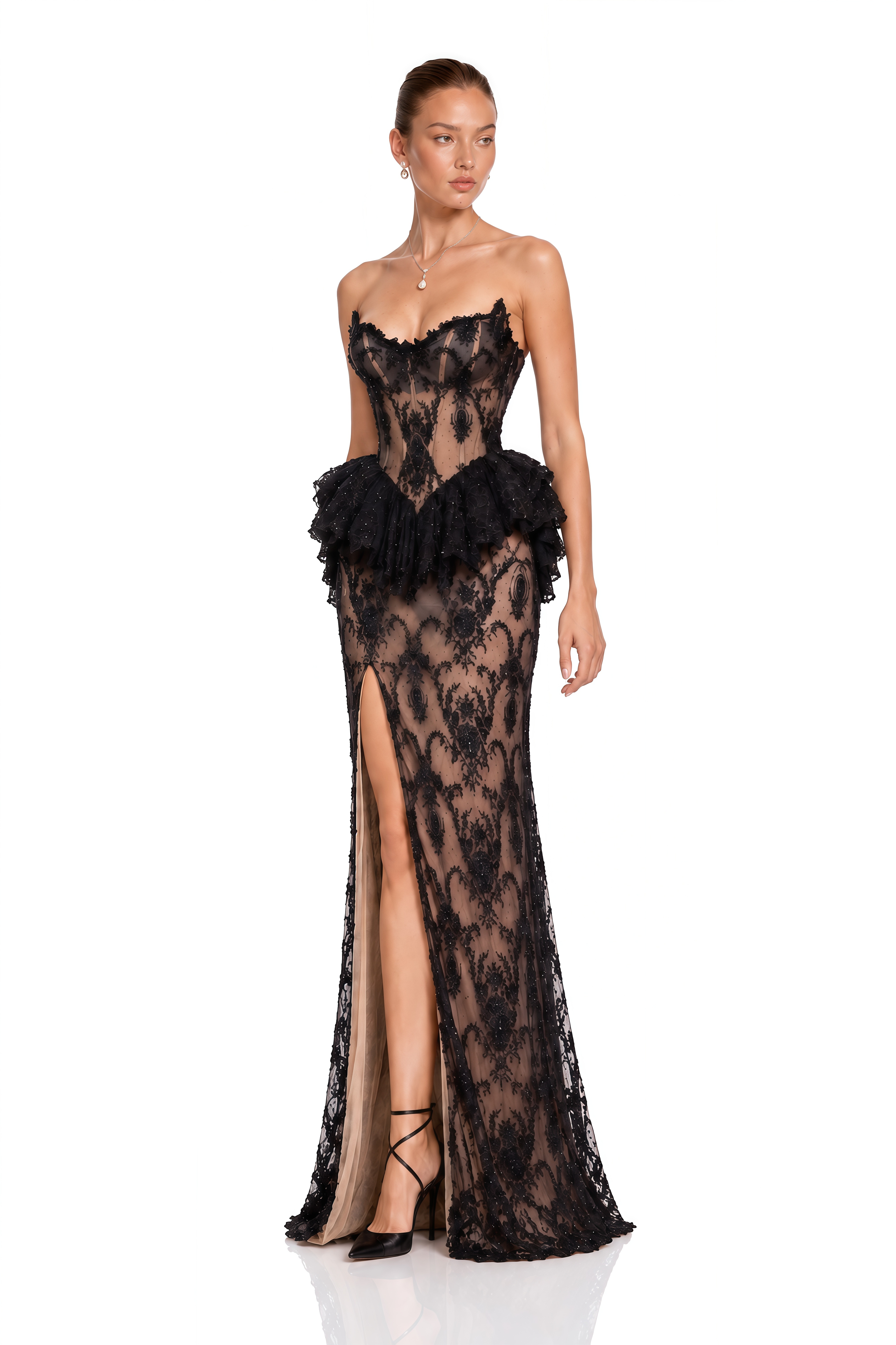 Monaco Black Lace Corset Peplum Maxi Dress with High Slit
