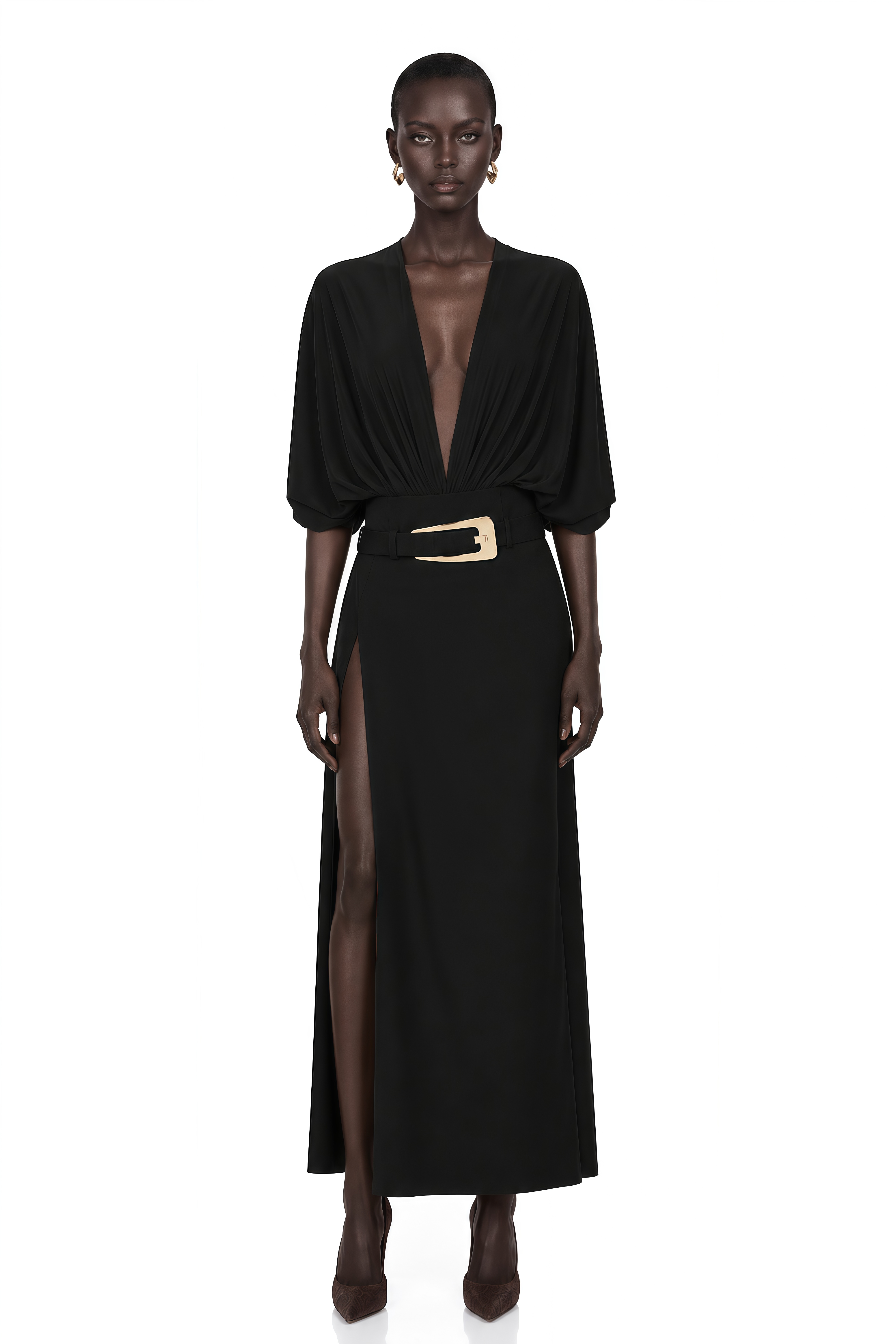 Monique Black Belted Side Slit Maxi Skirt