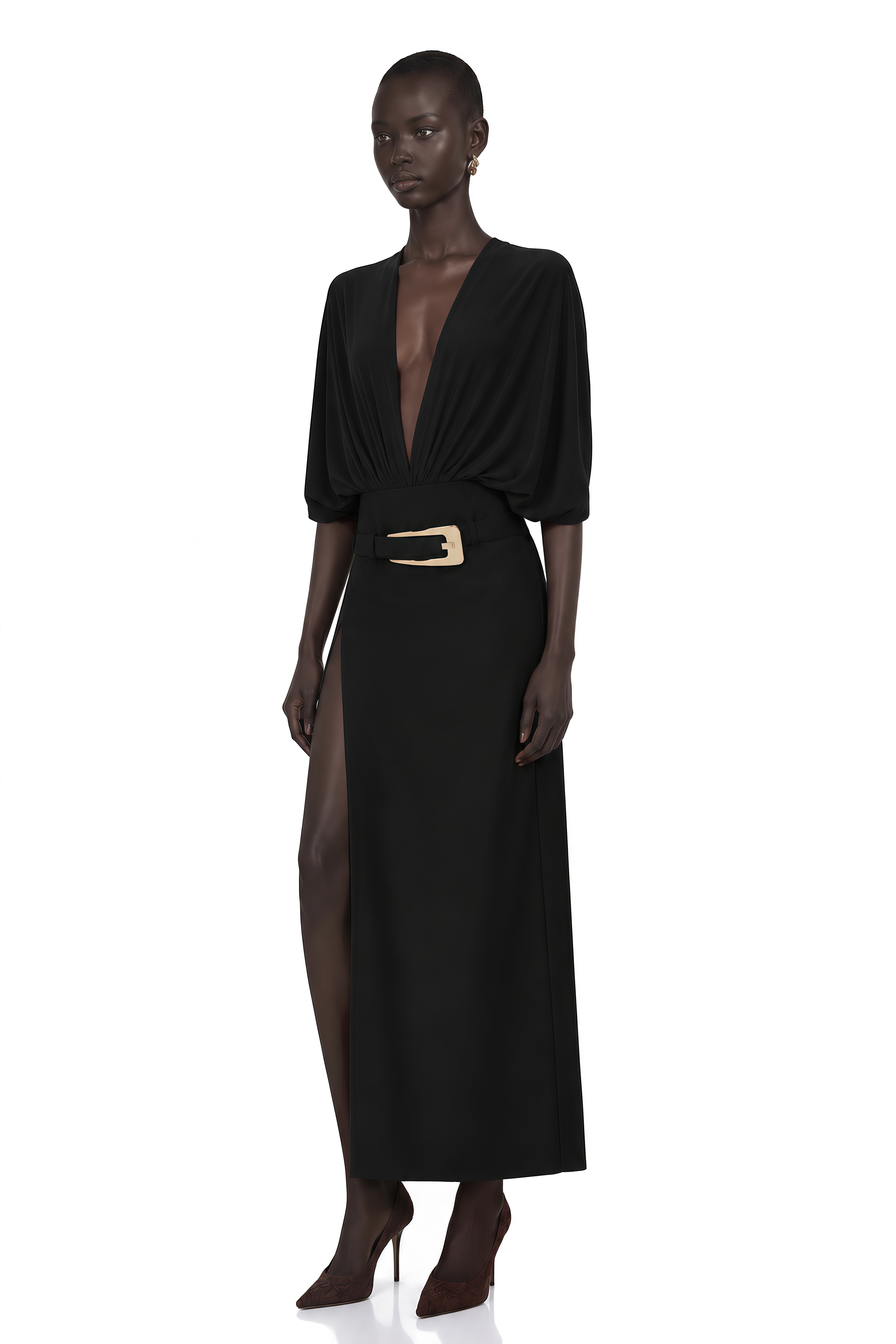 Monique Black Belted Side Slit Maxi Skirt