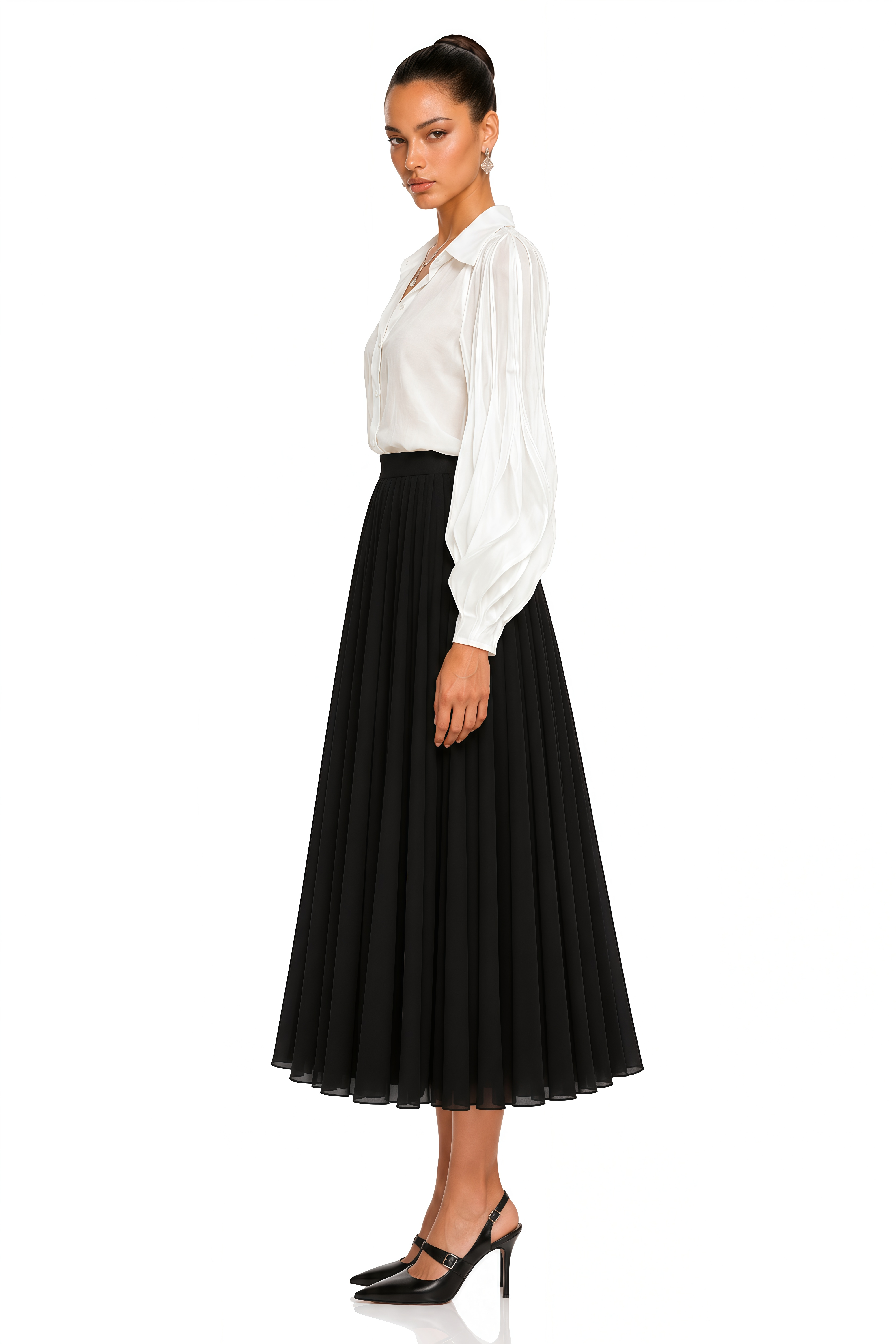 Monique White Pleated Balloon Sleeve Blouse