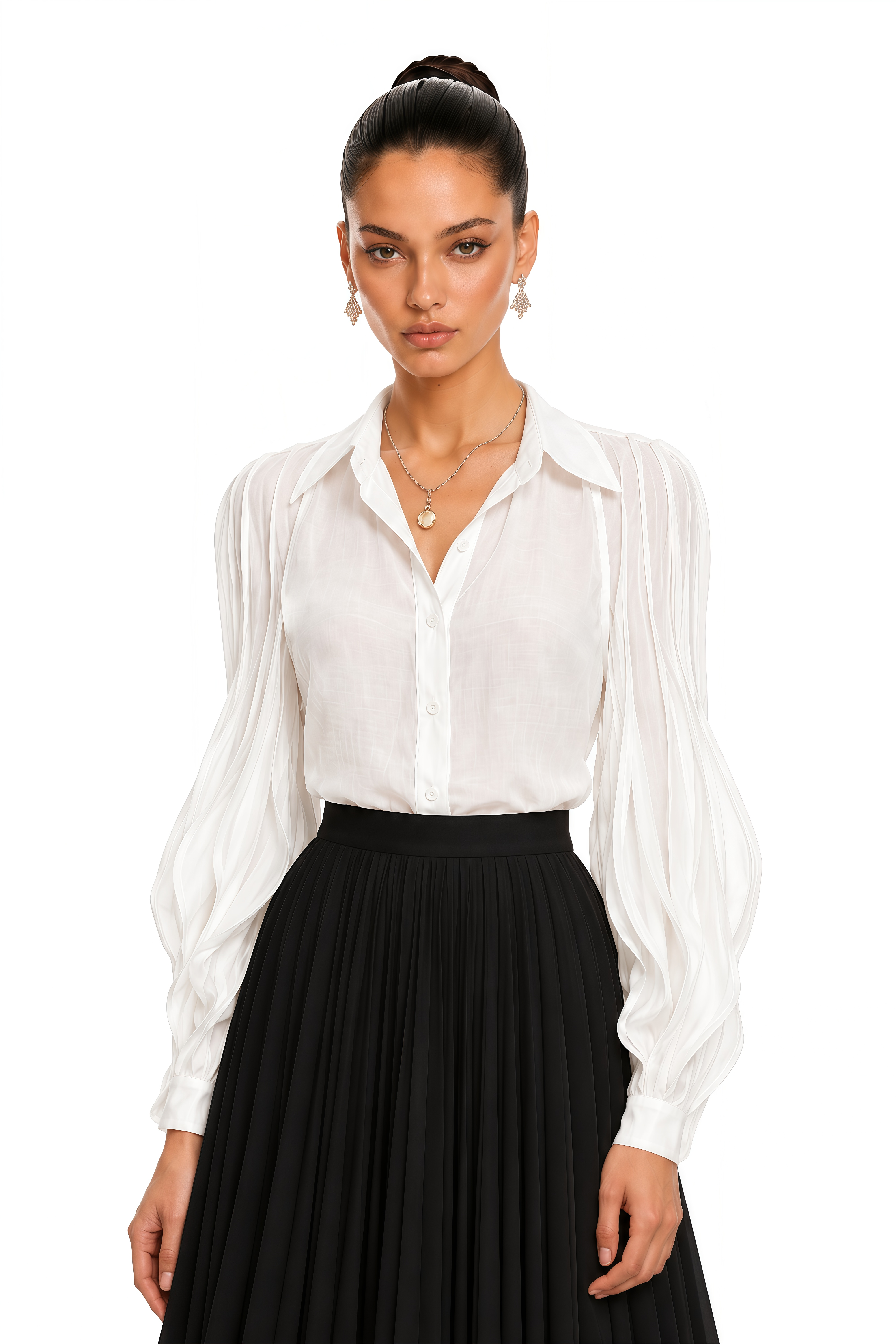 Monique White Pleated Balloon Sleeve Blouse