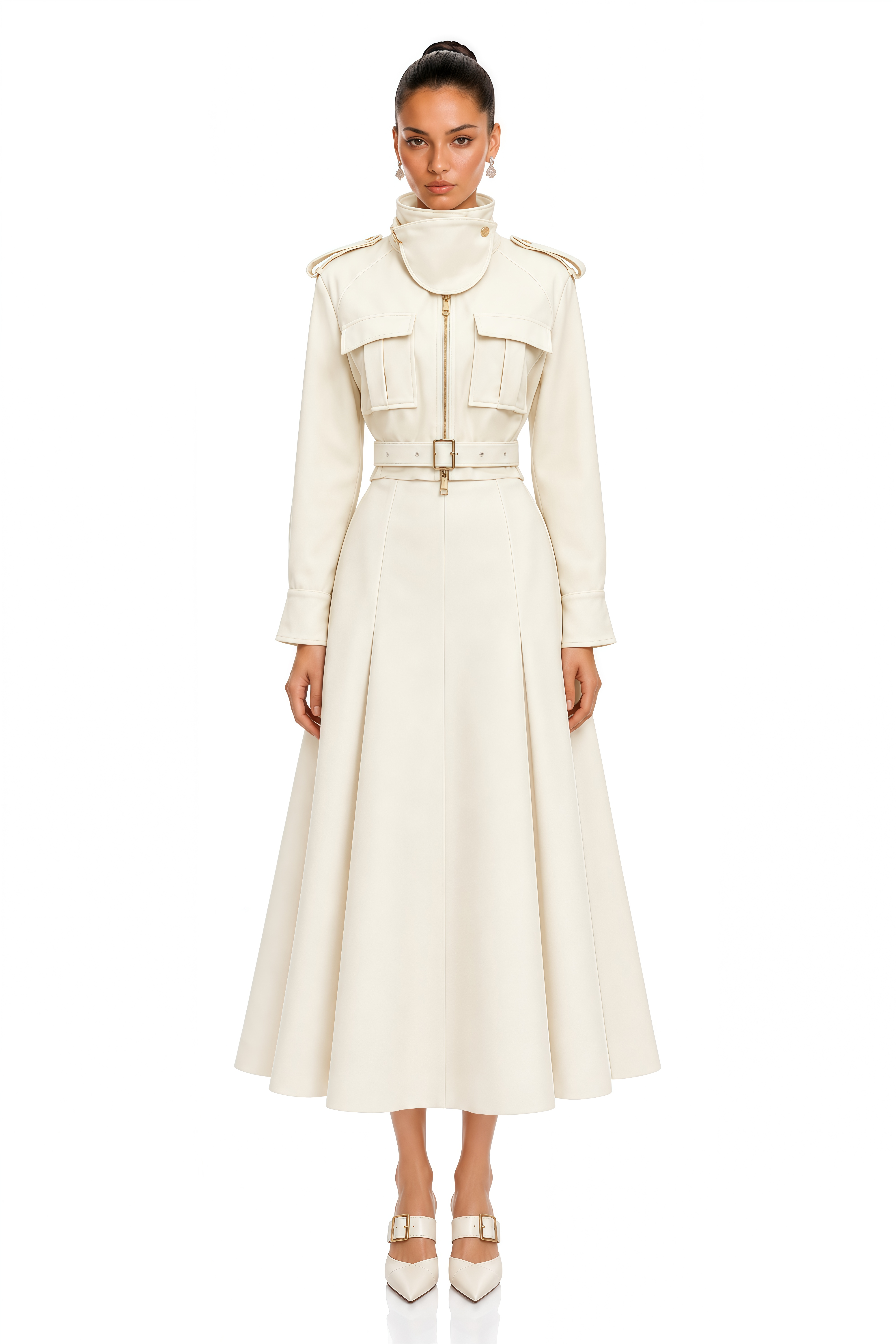 Murael White High Neck Belted Cropped Jacket