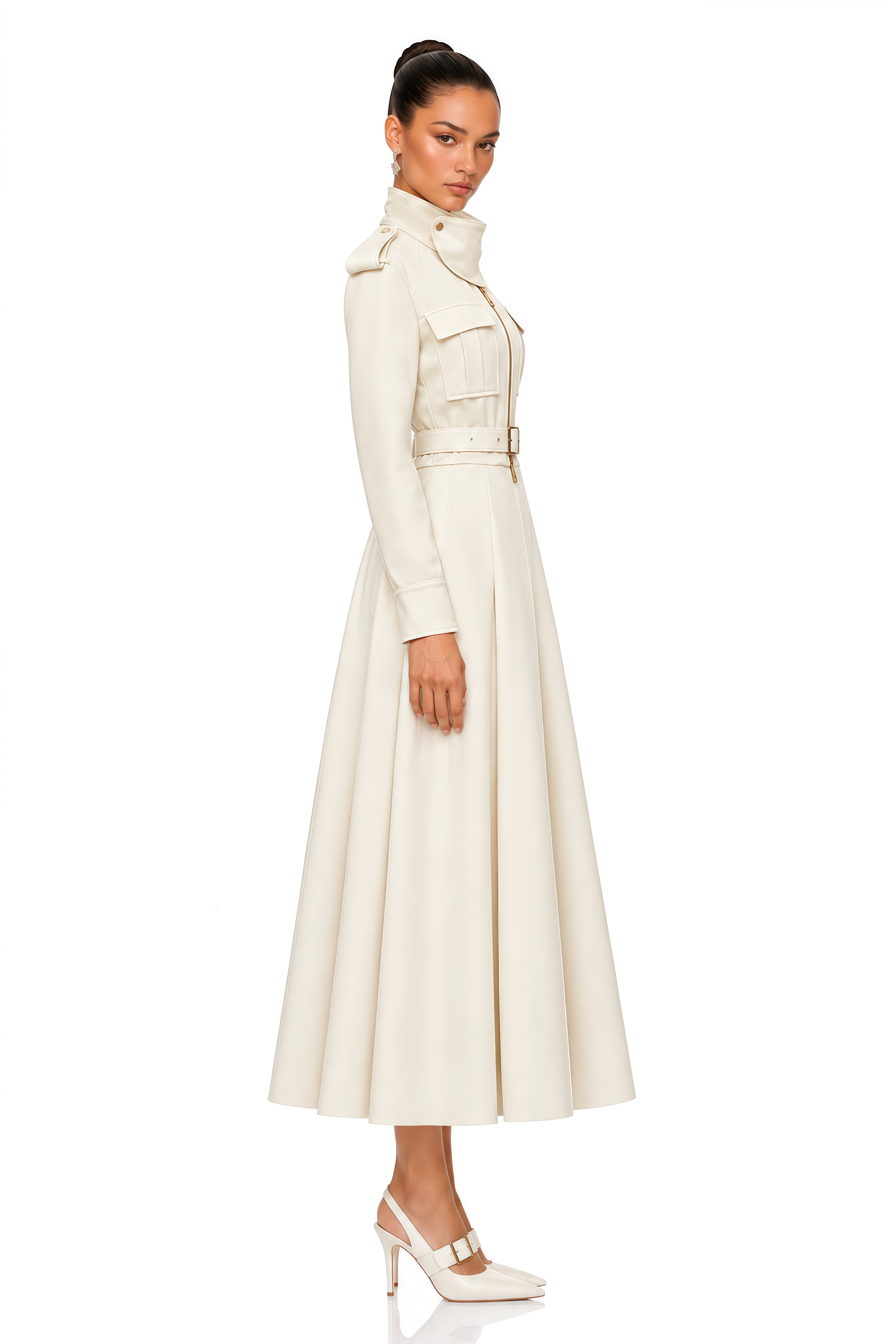 Murael White High Neck Belted Cropped Jacket