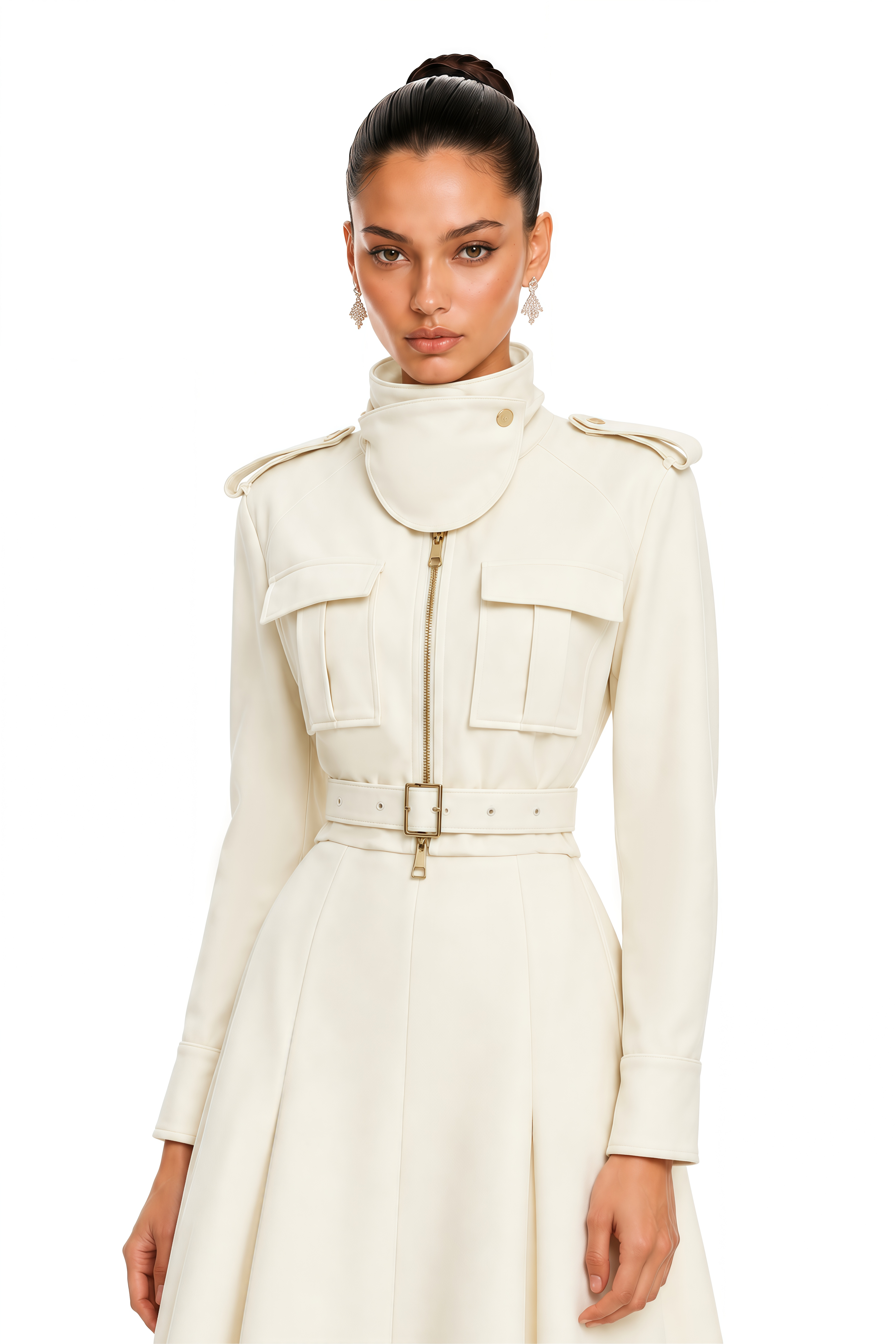 Murael White High Neck Belted Cropped Jacket