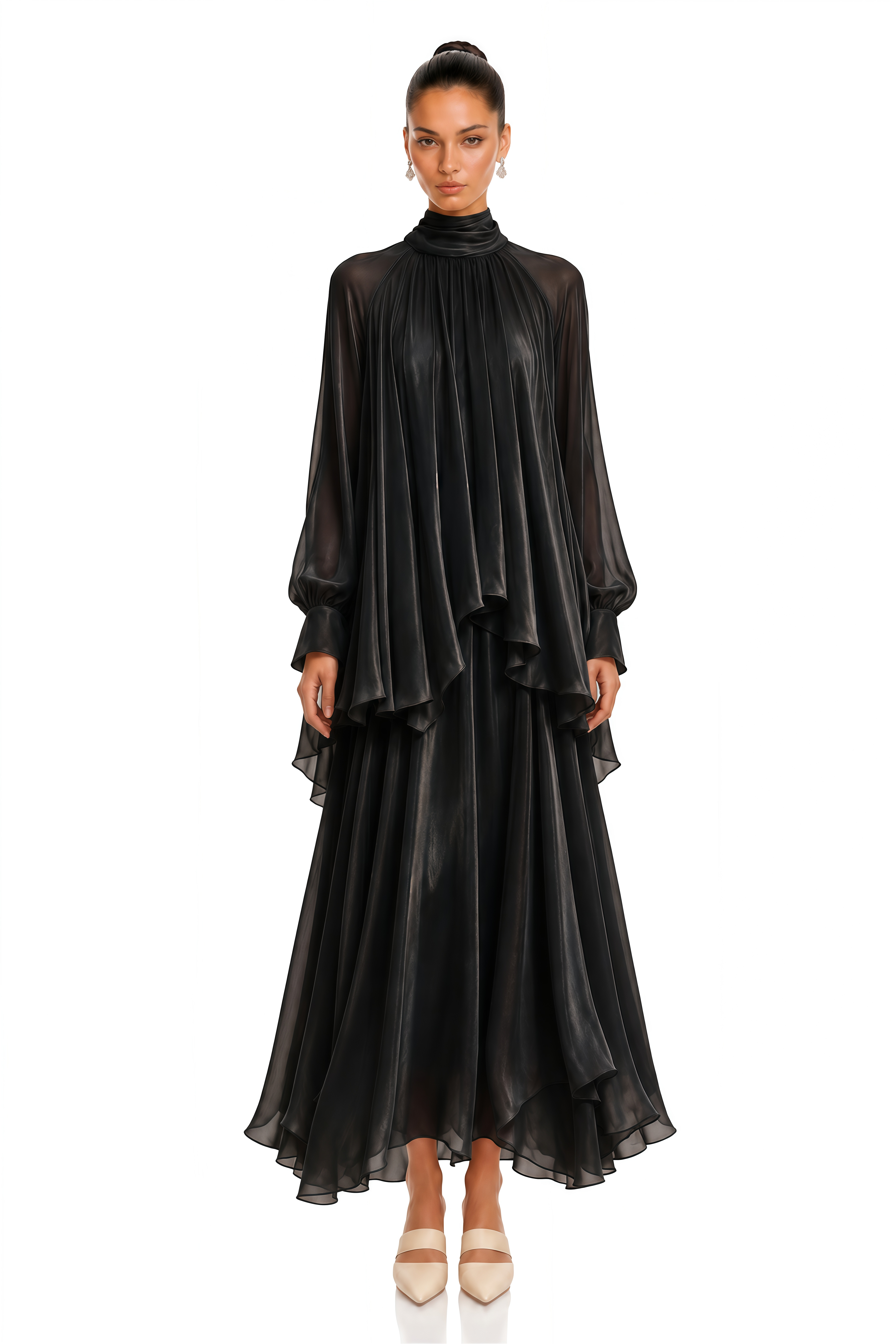 Myia Black High Neck Long Sleeve Blouse & Maxi Skirt Set