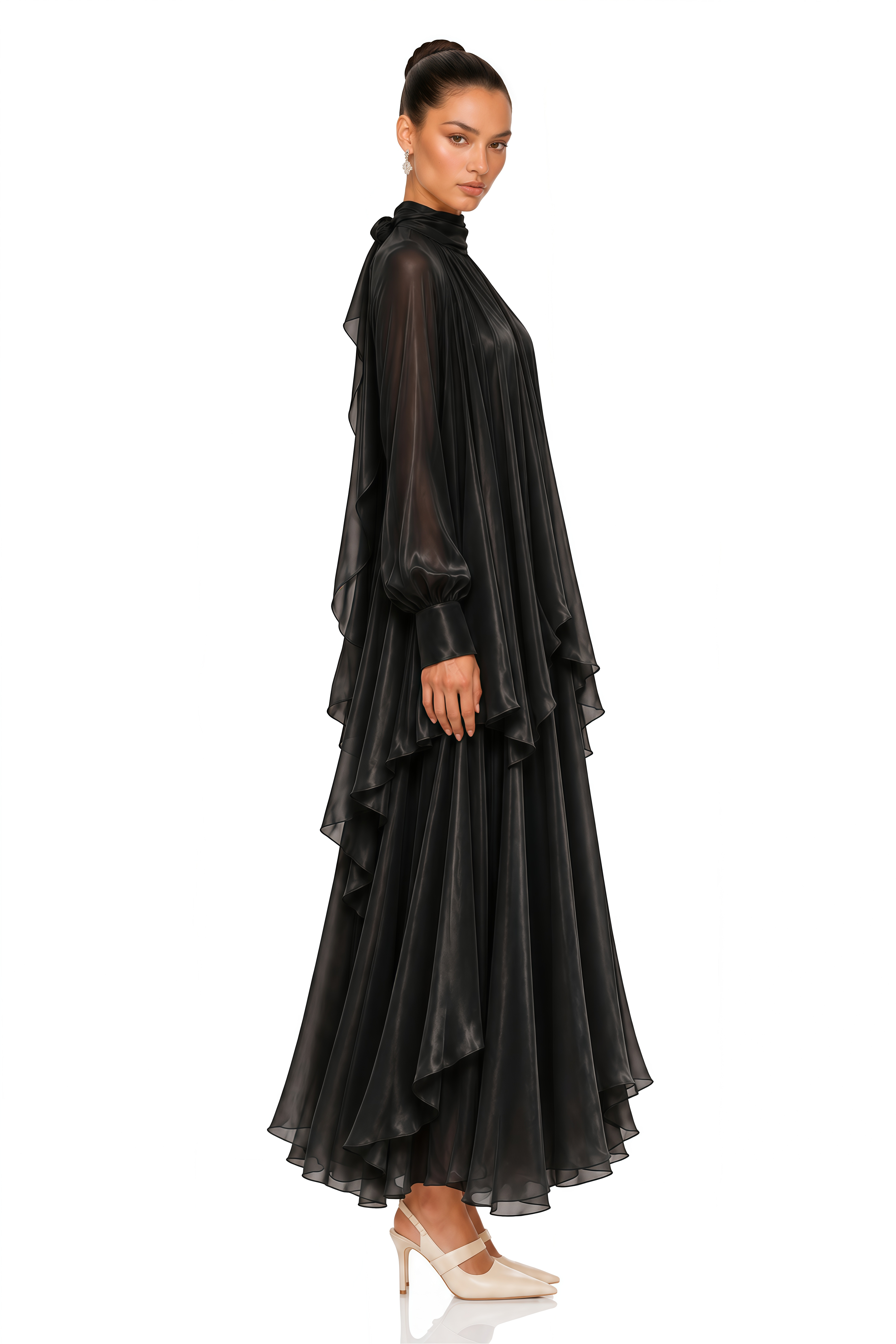 Myia Black High Neck Long Sleeve Blouse & Maxi Skirt Set