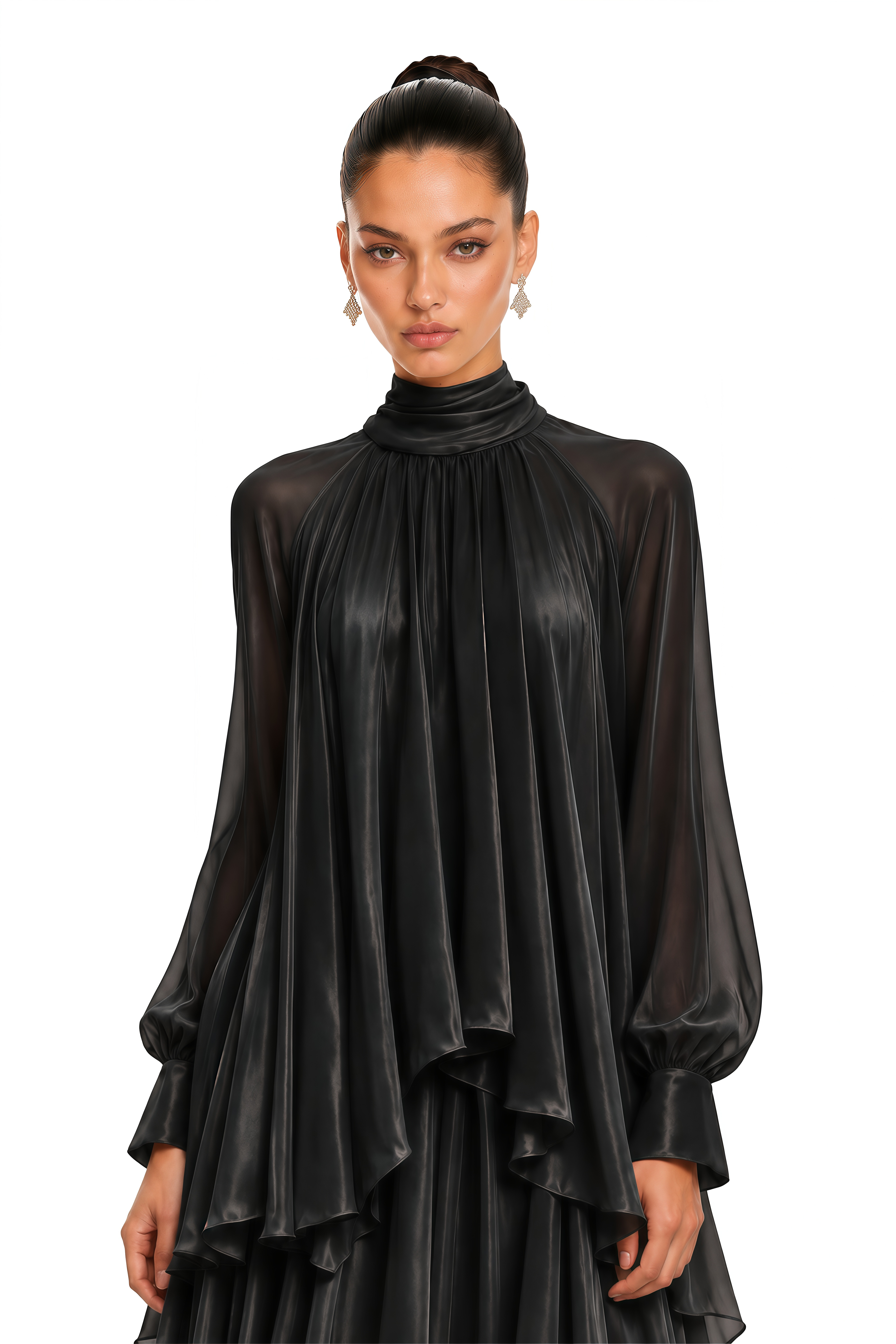Myia Black High Neck Long Sleeve Blouse & Maxi Skirt Set