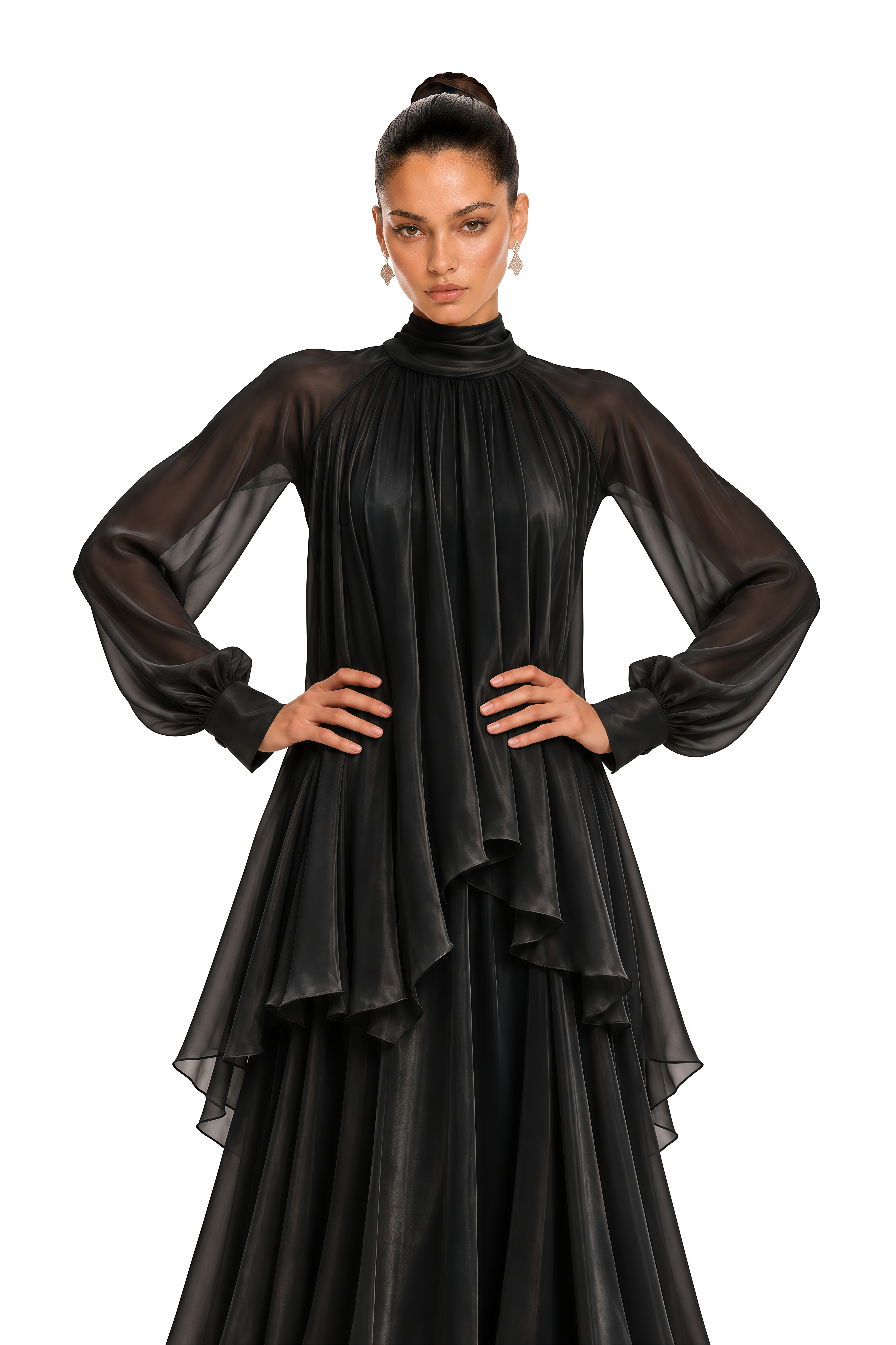 Myia Black High Neck Long Sleeve Blouse & Maxi Skirt Set