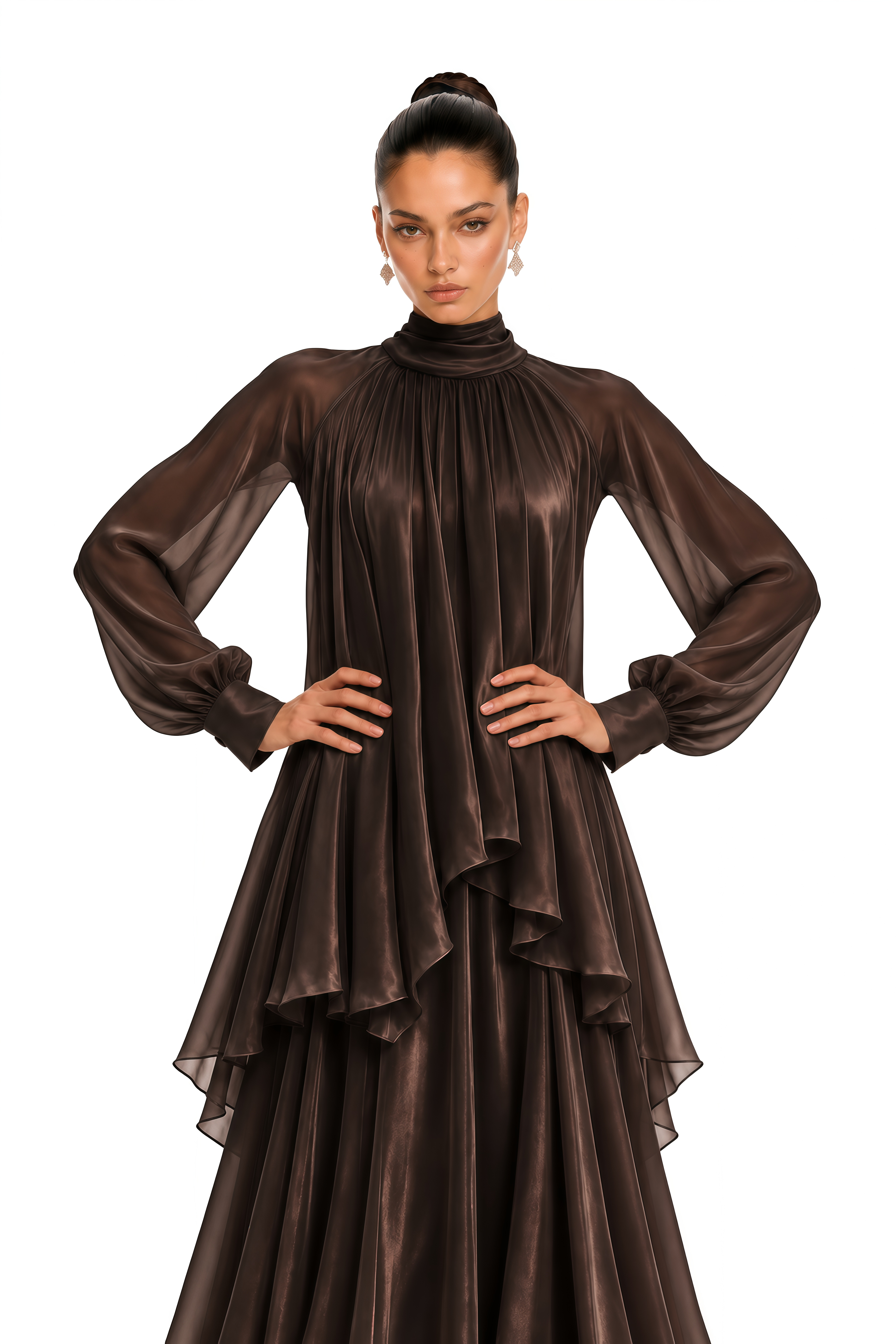 Myia Brown High Neck Long Sleeve Blouse & Maxi Skirt Set