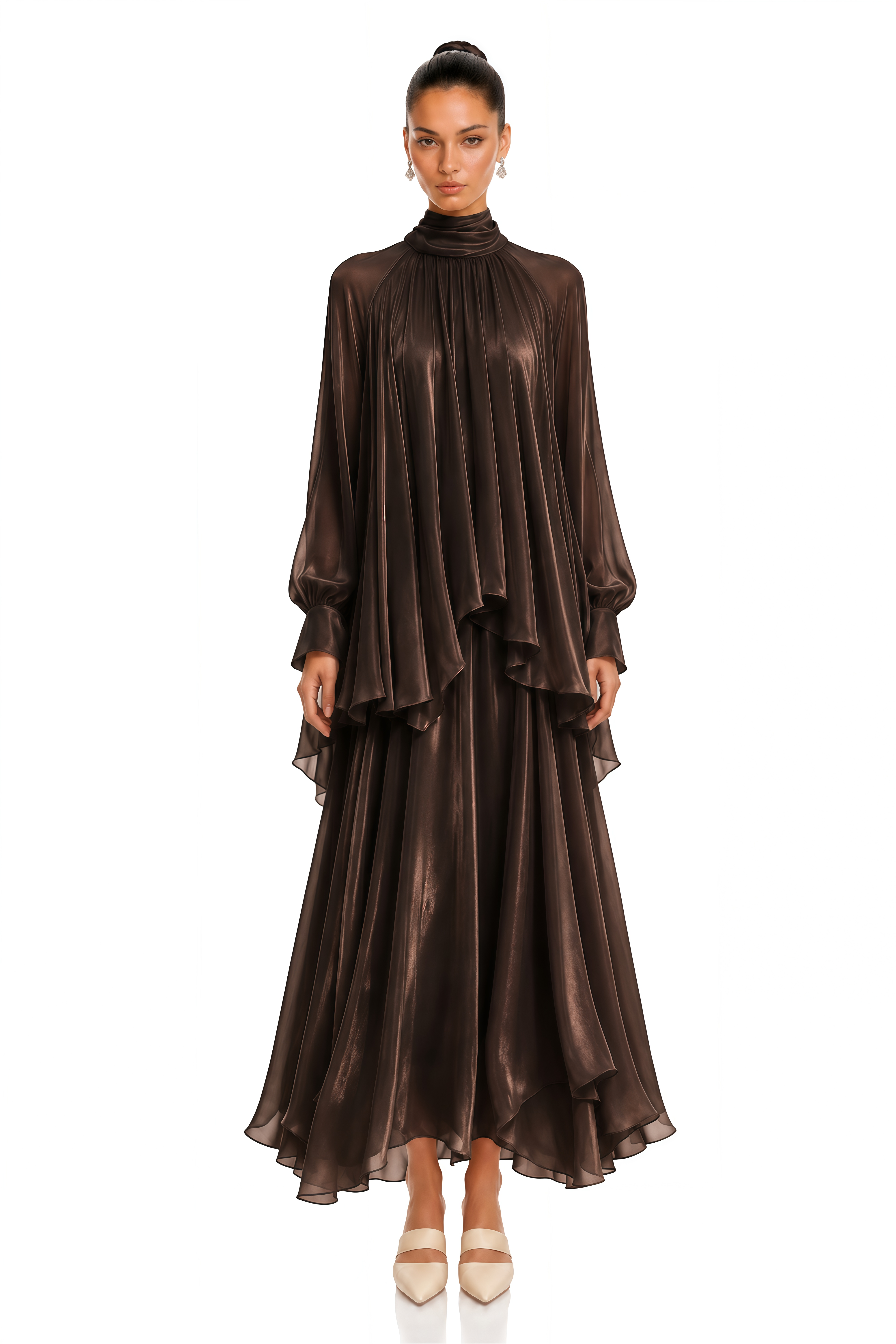 Myia Brown High Neck Long Sleeve Blouse & Maxi Skirt Set
