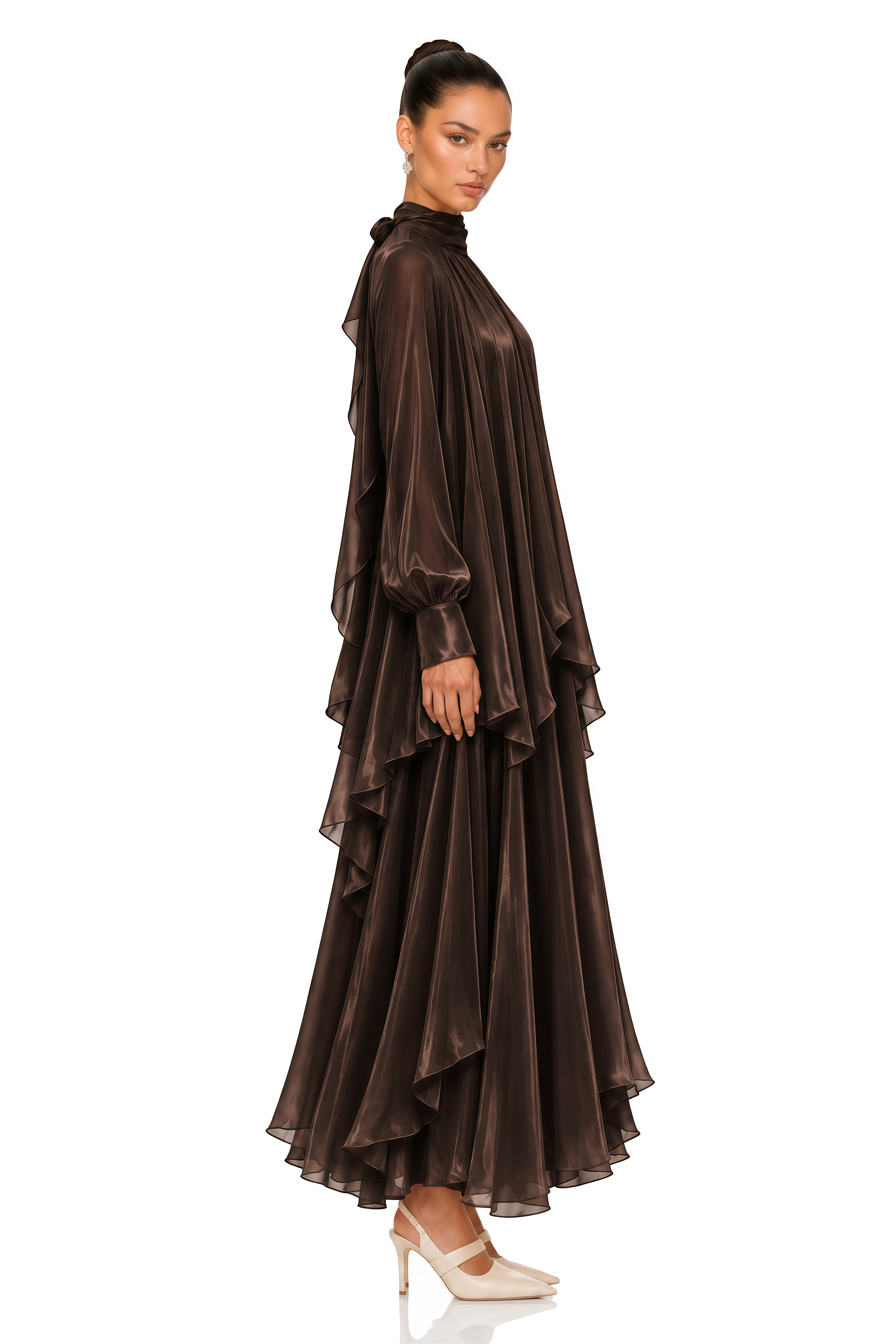Myia Brown High Neck Long Sleeve Blouse & Maxi Skirt Set
