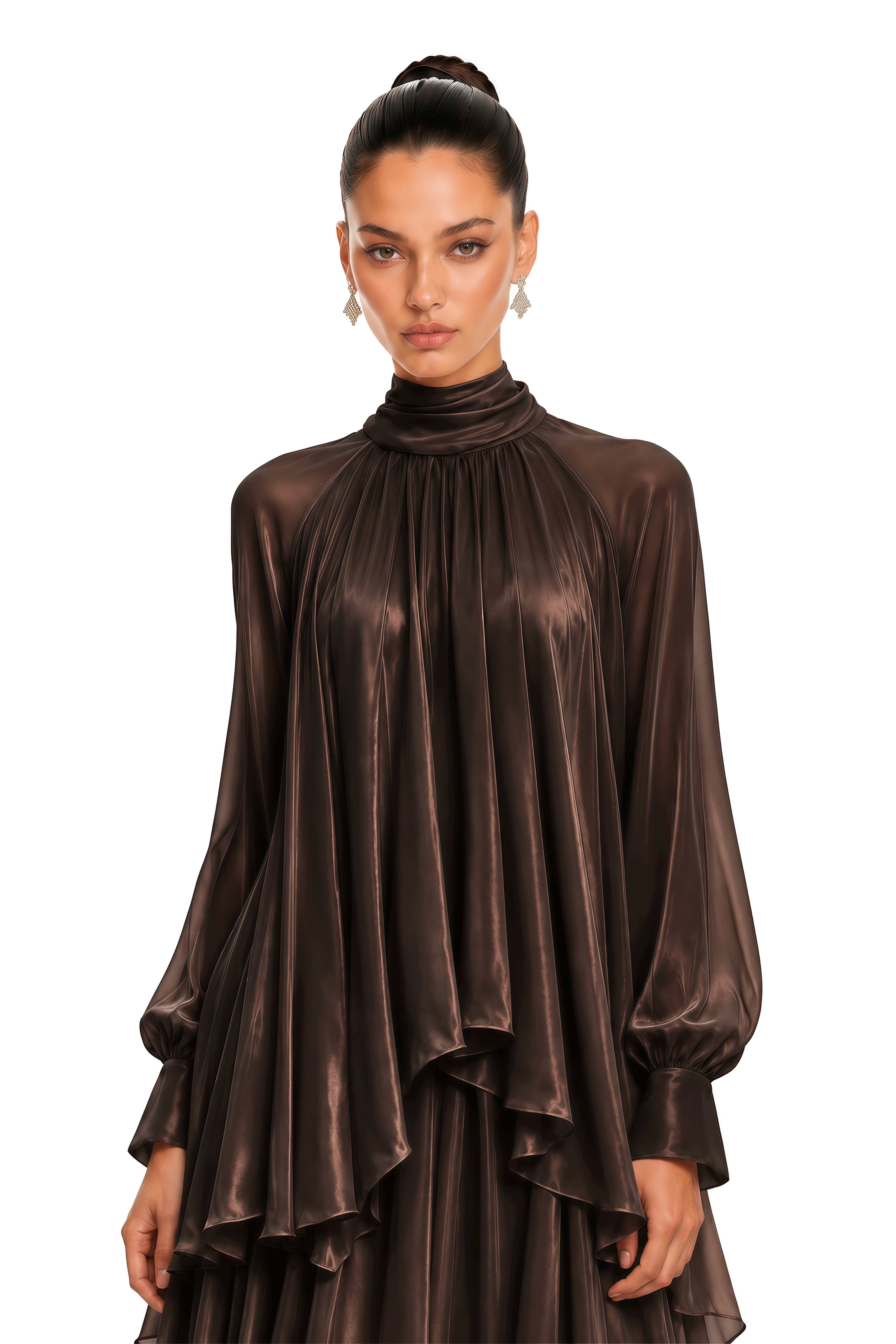 Myia Brown High Neck Long Sleeve Blouse & Maxi Skirt Set