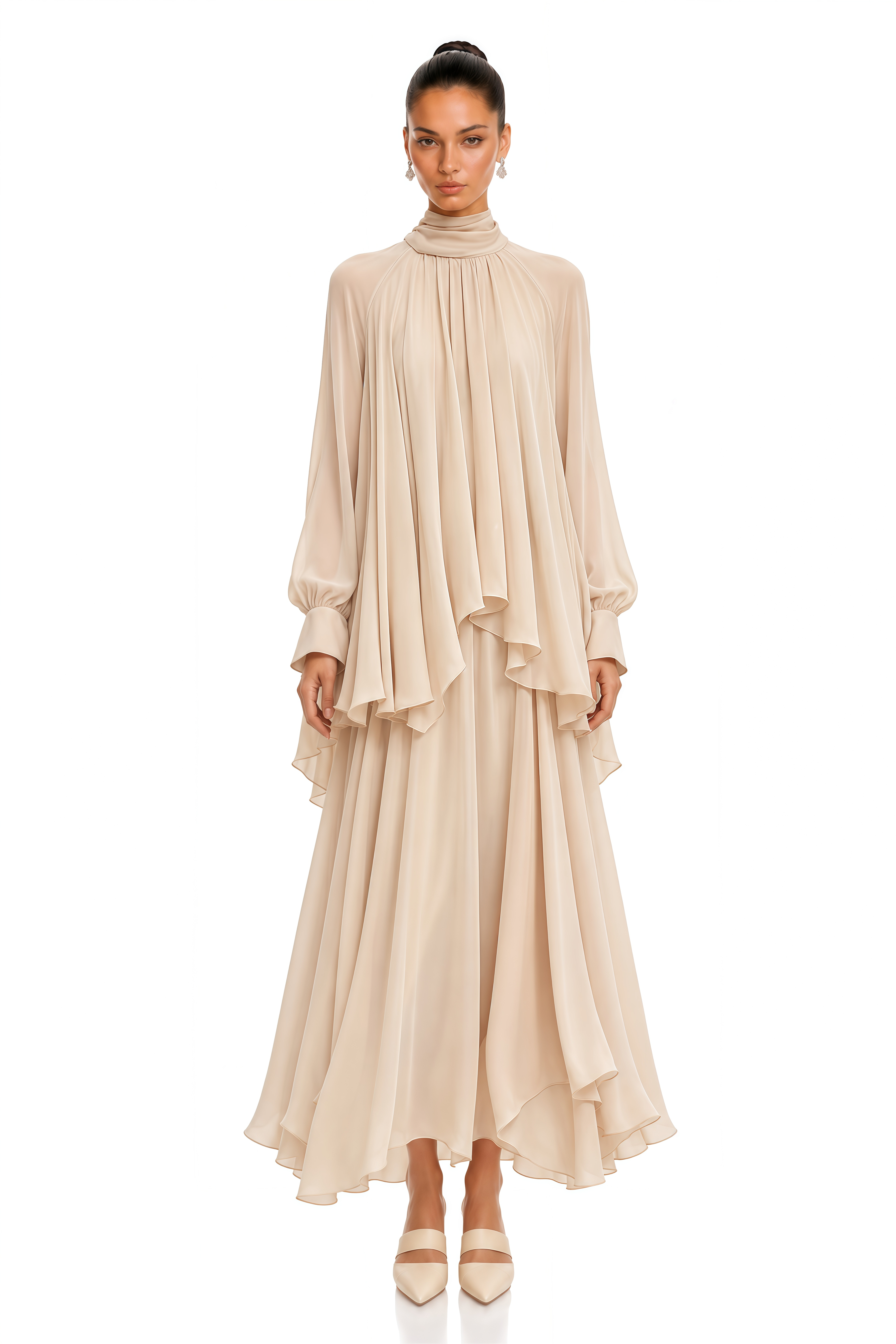 Myia Neutral High Neck Long Sleeve Blouse & Maxi Skirt Set
