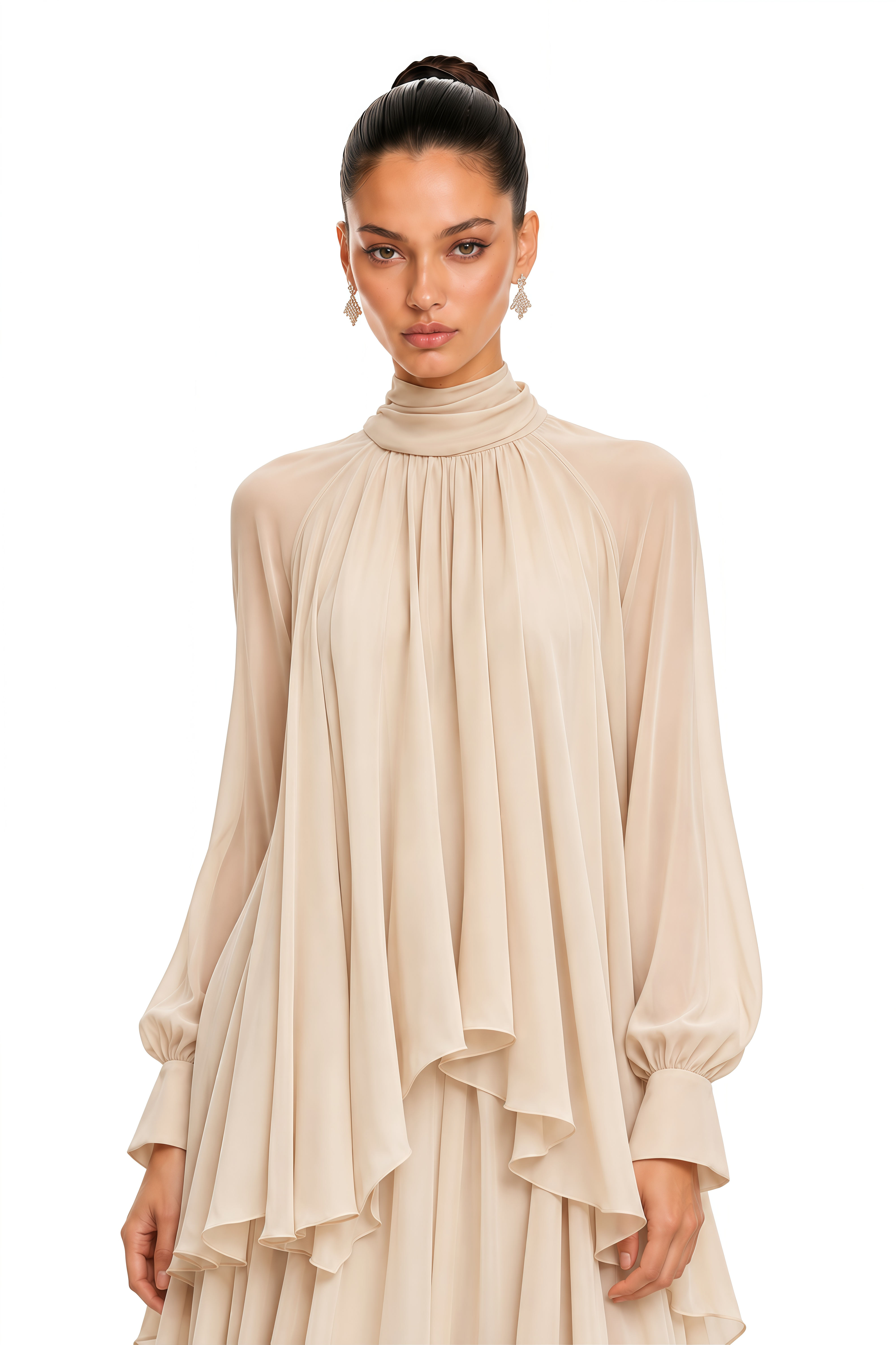 Myia Neutral High Neck Long Sleeve Blouse & Maxi Skirt Set