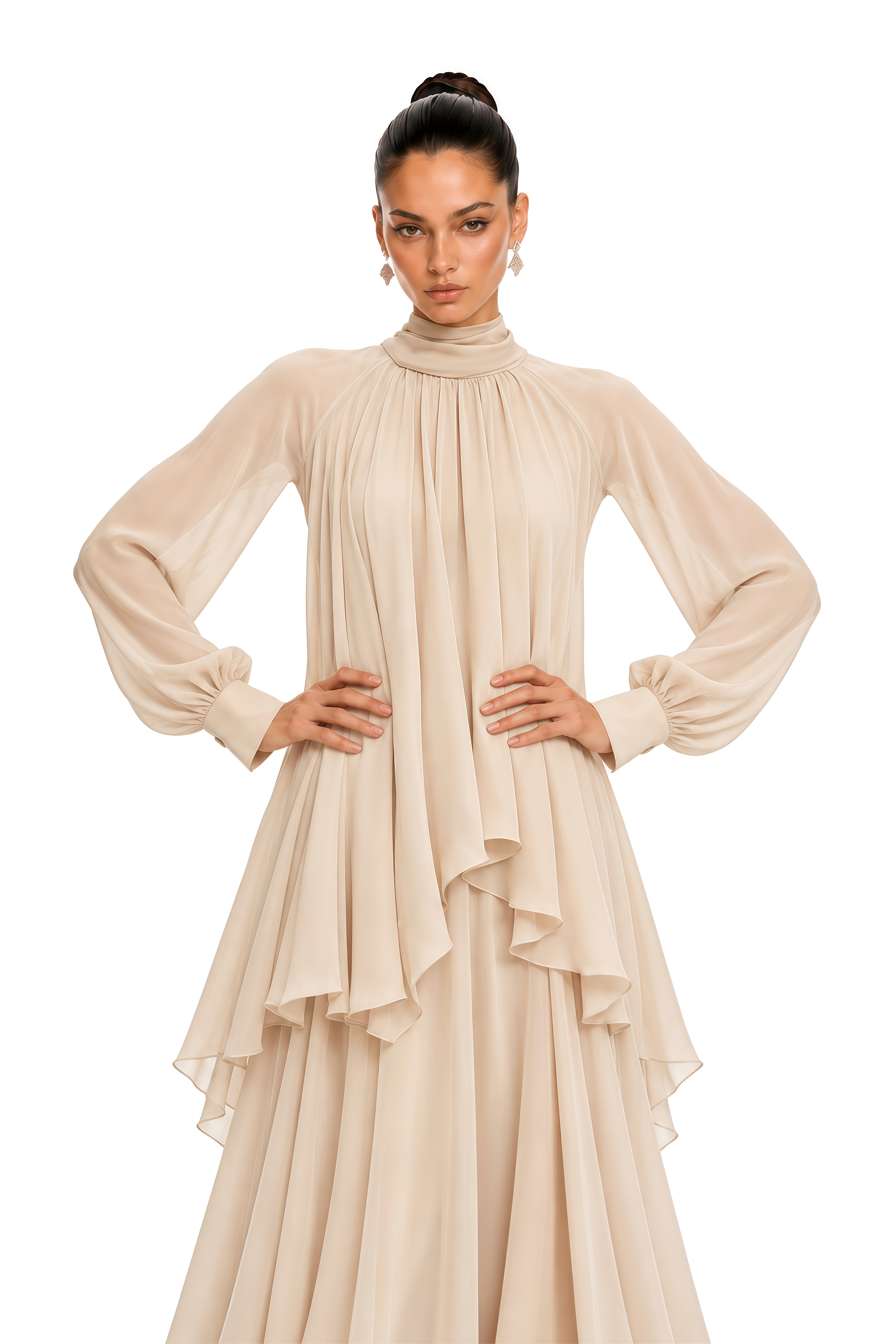 Myia Neutral High Neck Long Sleeve Blouse & Maxi Skirt Set