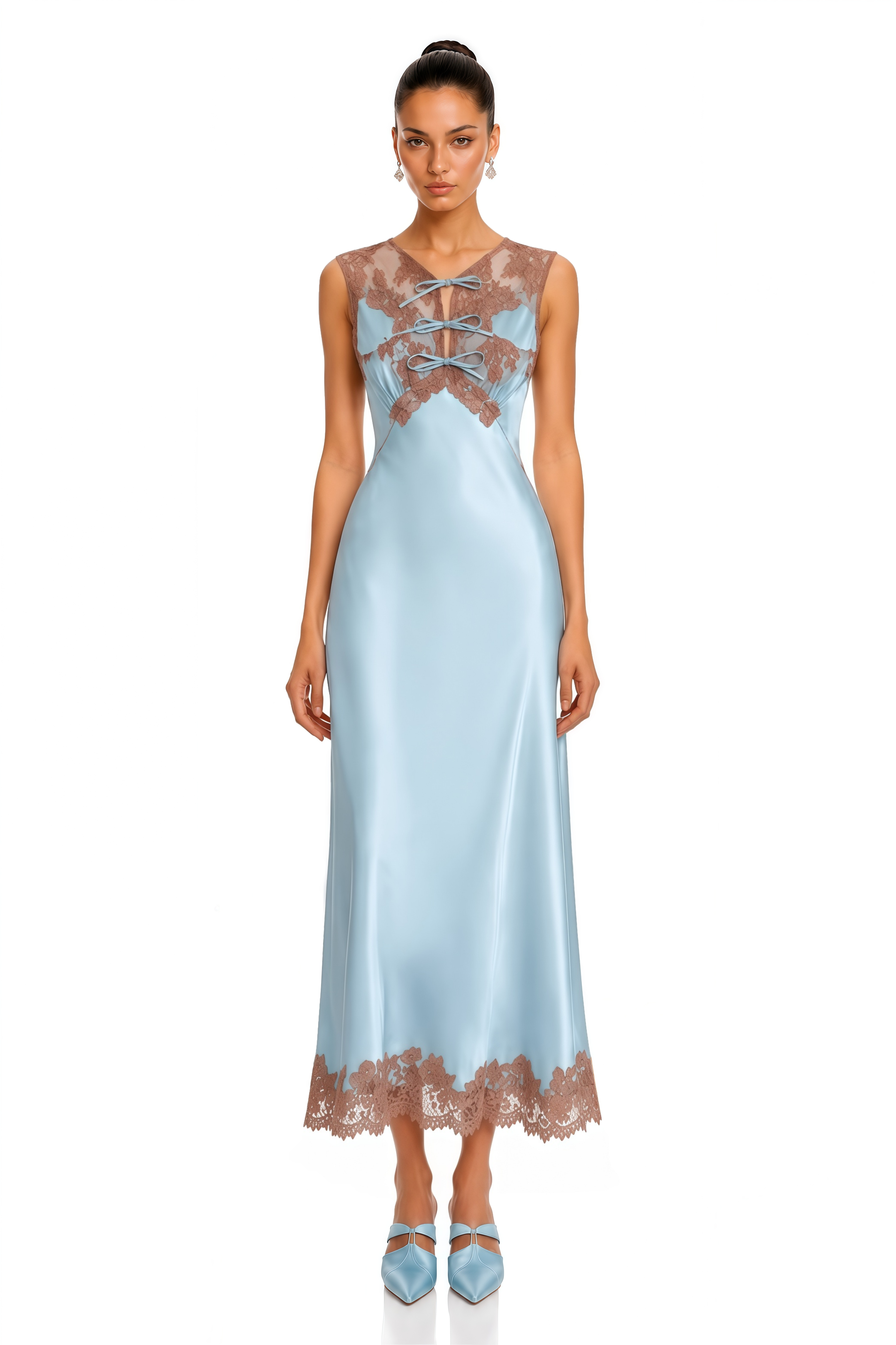 Leocadia Blue Satin Lace Trim Midi Dress