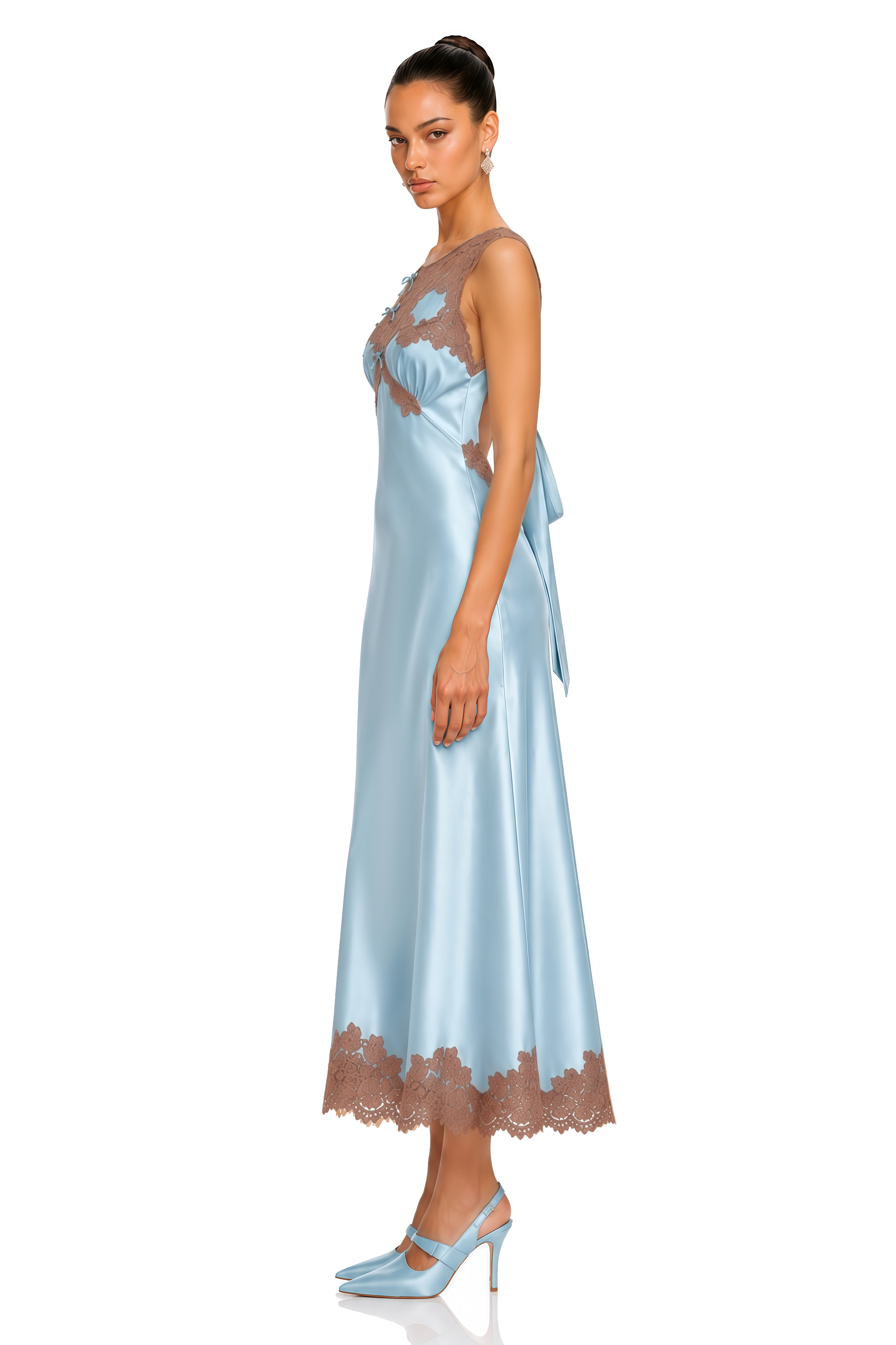 Leocadia Blue Satin Lace Trim Midi Dress