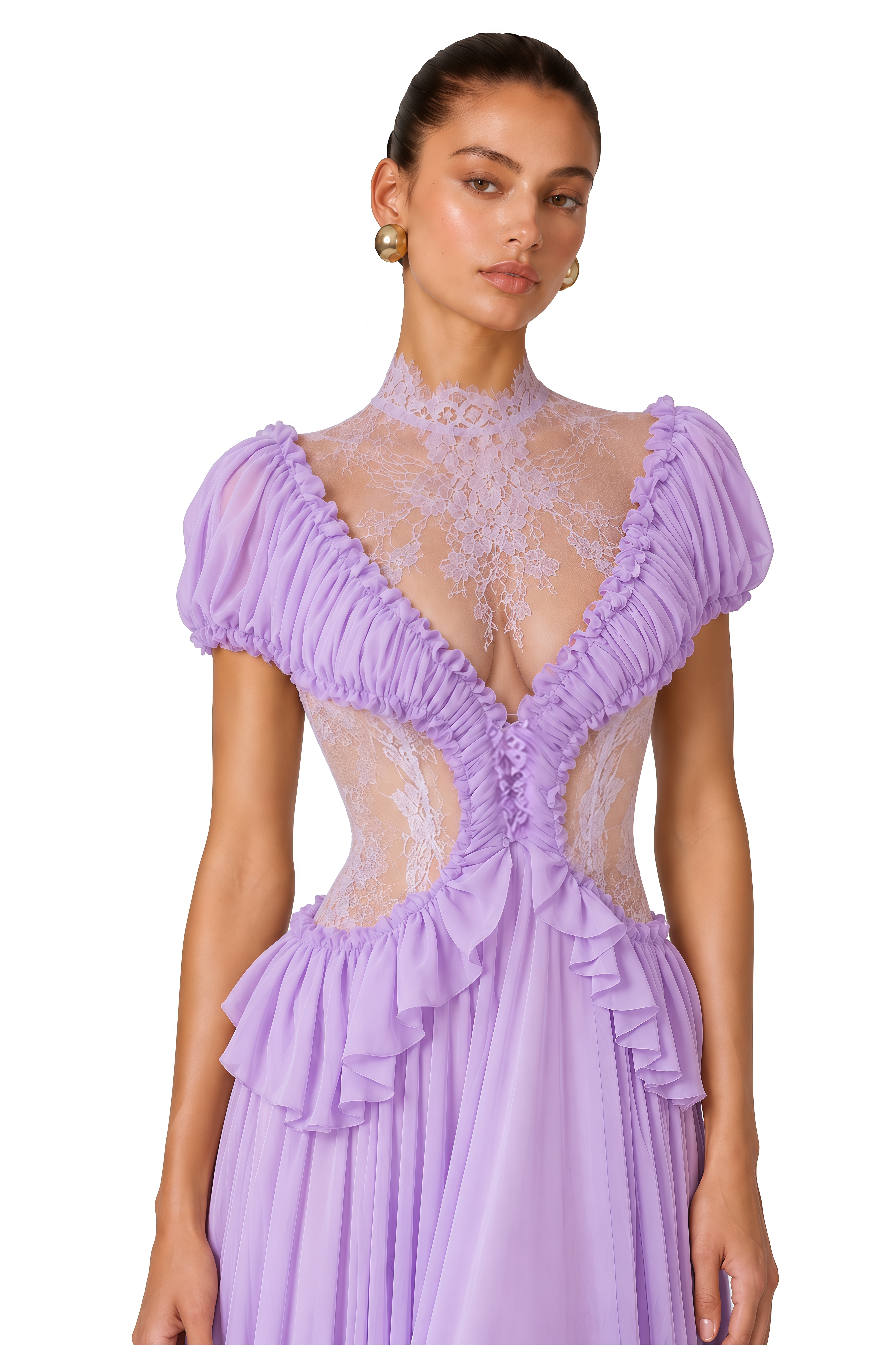 Myrah Lavender Lace Ruffle Maxi Dress