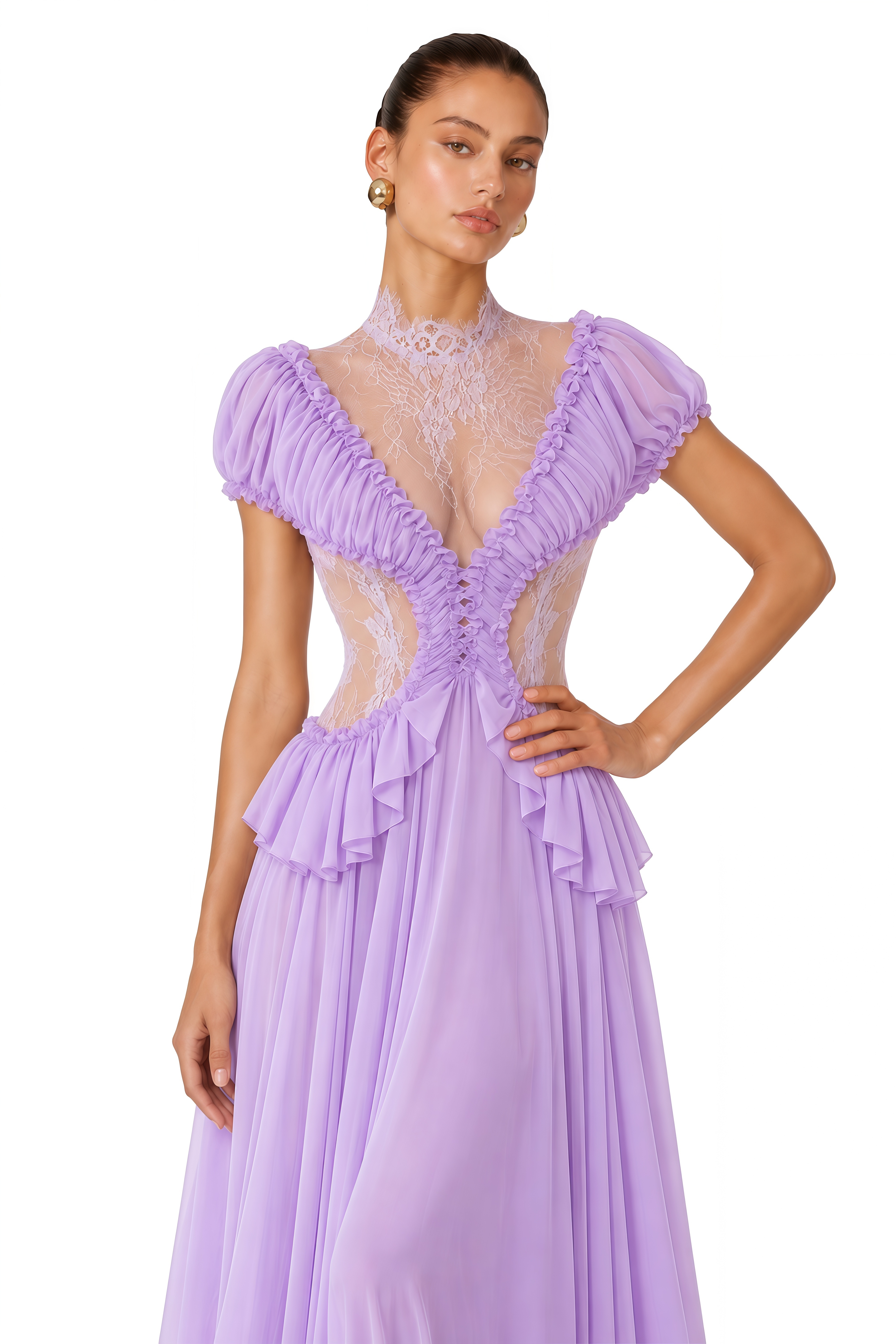 Myrah Lavender Lace Ruffle Maxi Dress