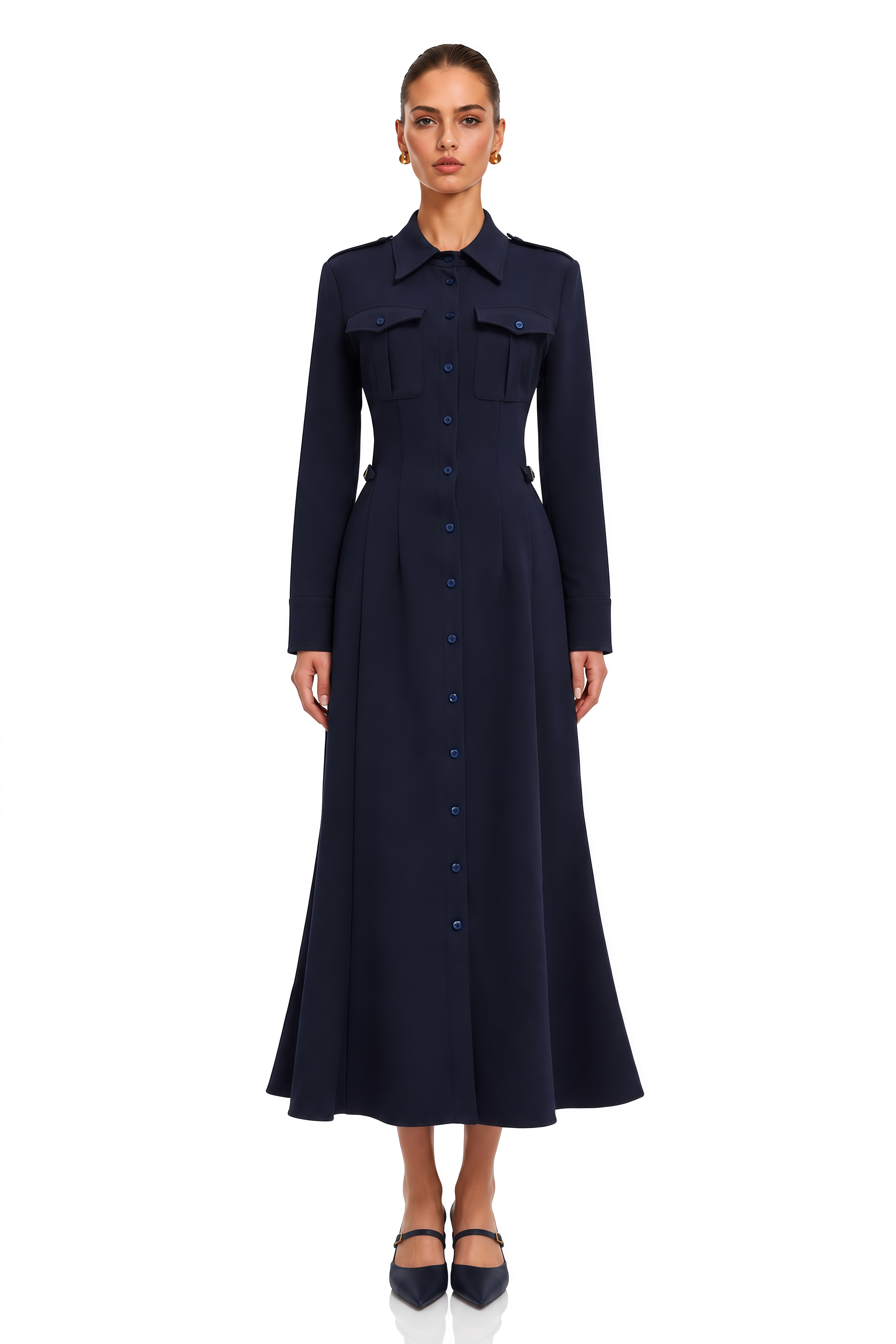 Nadia Navy Belted Long Sleeve Shirt Midi Dress