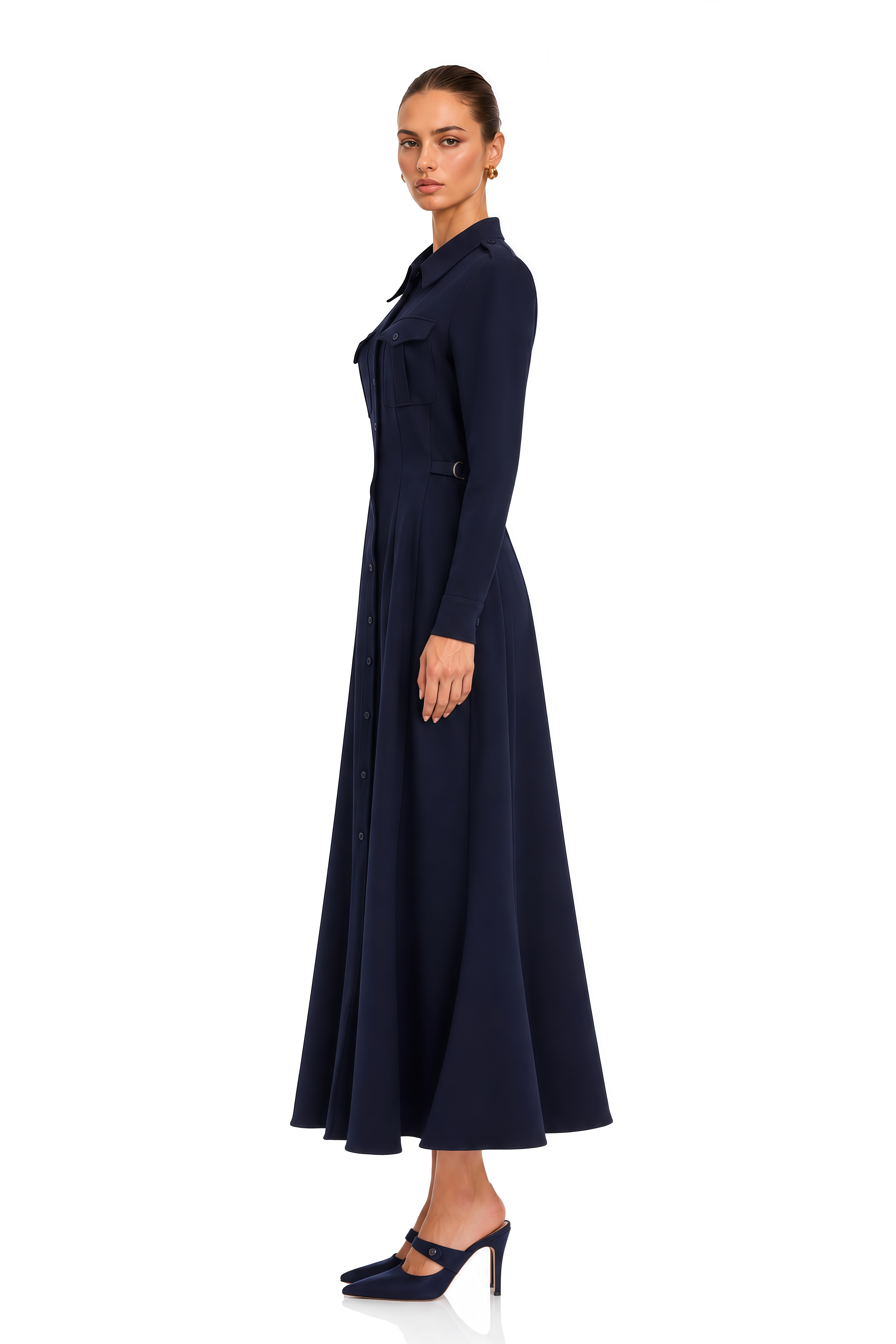 Nadia Navy Belted Long Sleeve Shirt Midi Dress