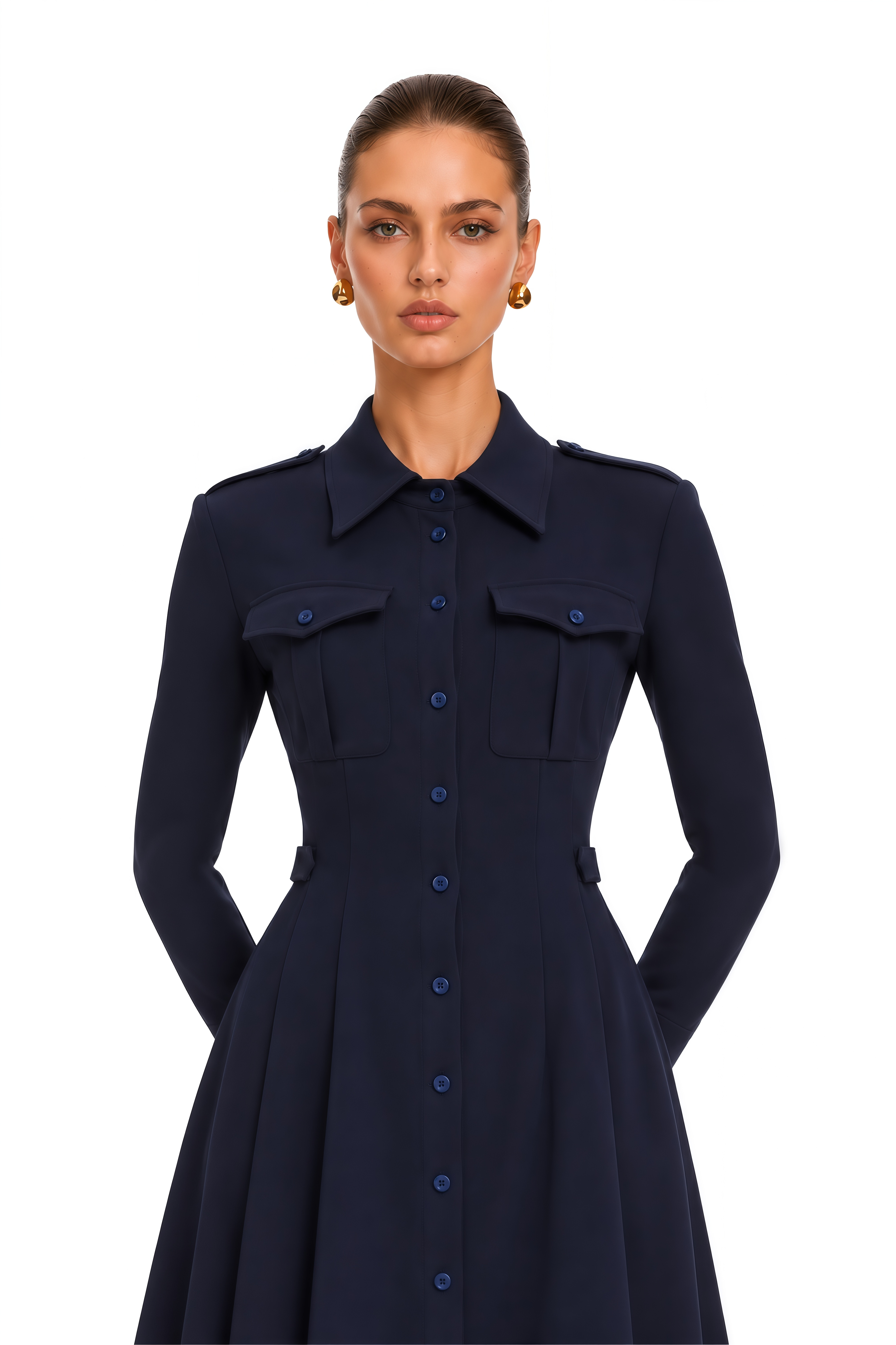 Nadia Navy Belted Long Sleeve Shirt Midi Dress